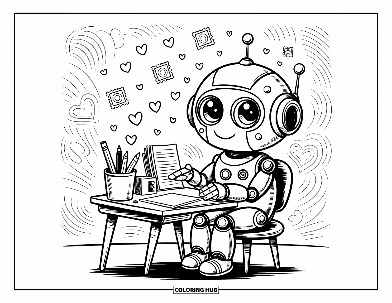 Kolorowanka z robotem dla dorosłych: Uśmiechnięty robot przy małym biurku z sercami i zębatkami unoszącymi się do góry