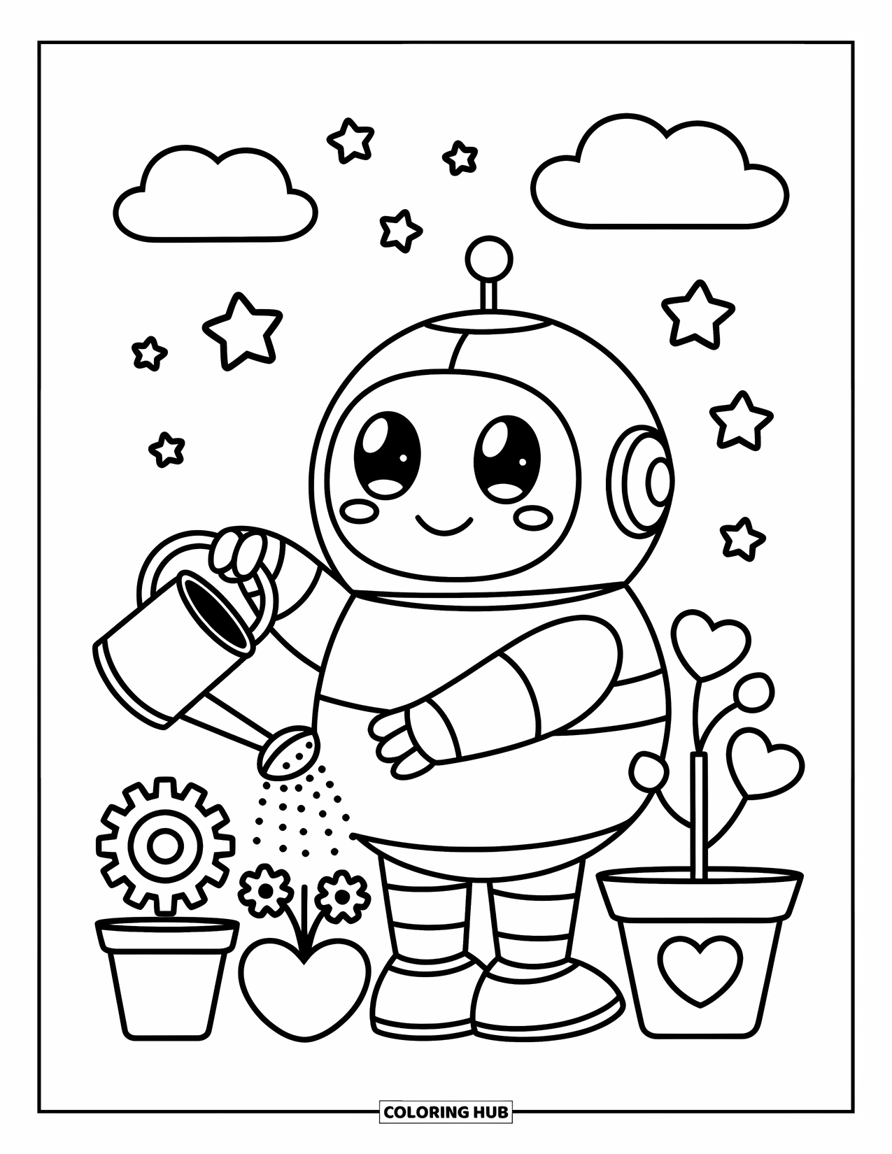 Kolorowanka z robotem dla dorosłych: Uśmiechnięty okrągły robot podlewa rośliny doniczkowe w kształcie serc i zębatek