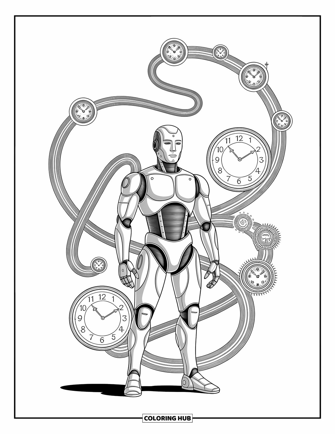Kolorowanka z robotem dla dorosłych: Robot steampunkowy oprawiony mechanicznymi pnączami i skomplikowanymi tarczami zegarowymi.