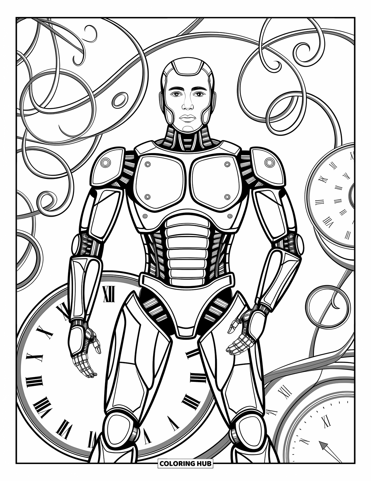 Kolorowanka z robotem dla dorosłych: Robot steampunkowy otoczony wirującymi mechanicznymi pnączami i tarczami zegarowymi.