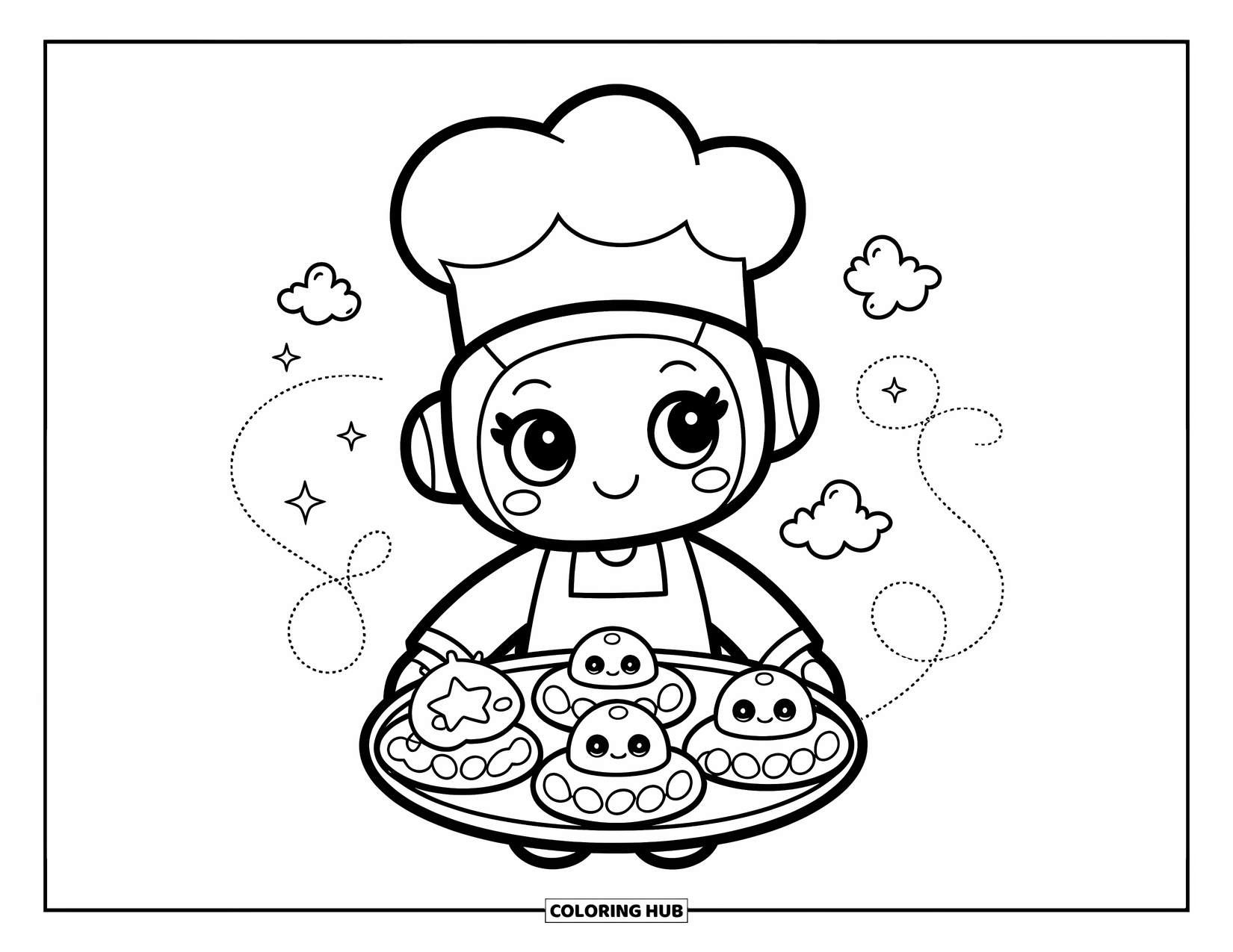 Kolorowanka z robotem dla dorosłych: Malutki robot-piekarz trzyma ciastka z wesołymi wirami mąki dookoła