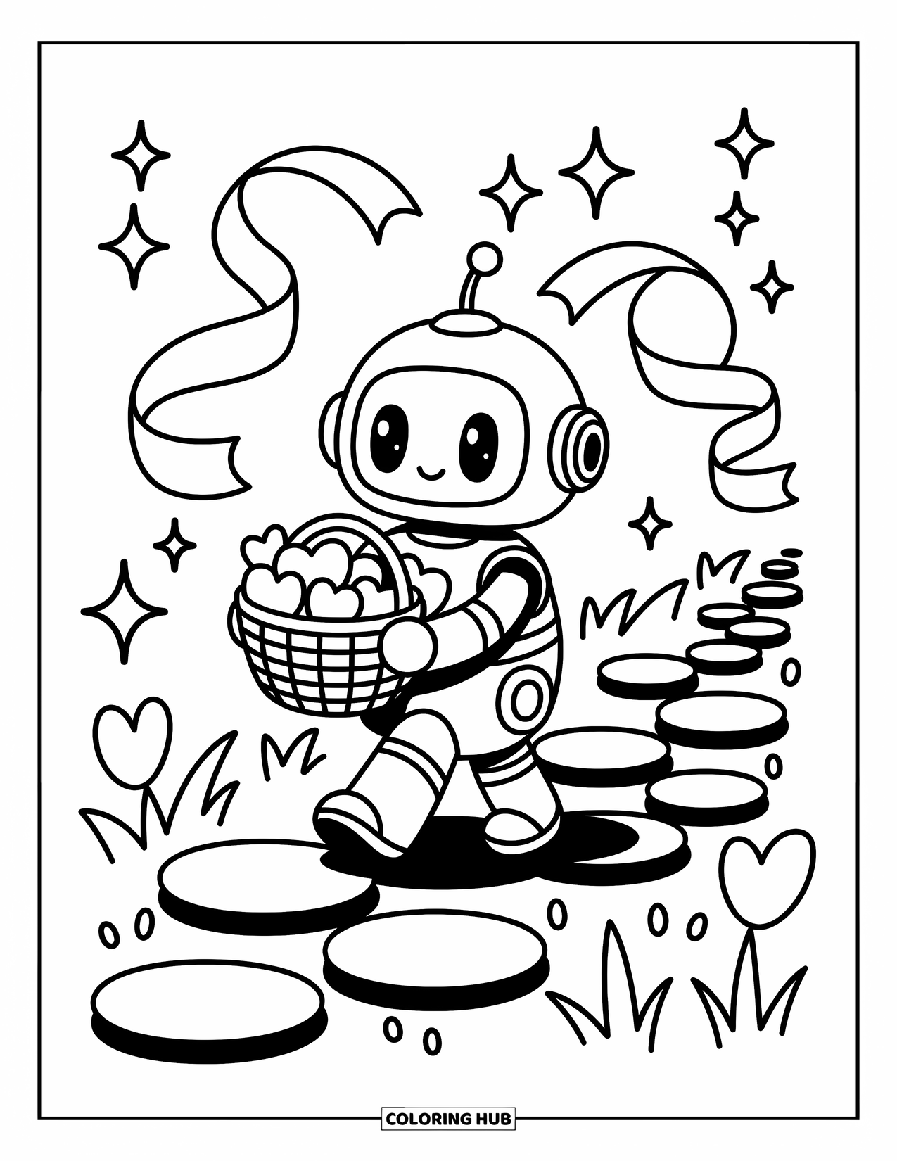 Kolorowanka z robotem dla dorosłych: Malutki robot spaceruje z owocami-sercami, otoczony błyskotkami i wstążkami
