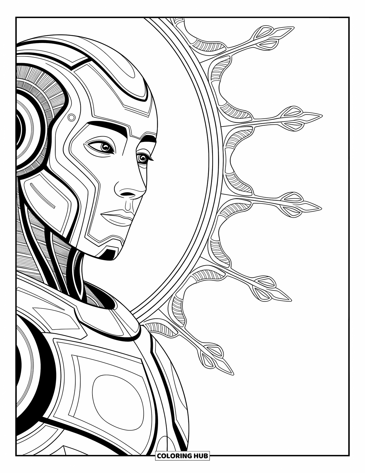 Kolorowanka z robotem dla dorosłych: Zbliżenie na twarz robota z grawerowanymi płytami pancerza i wirującymi wzorami.