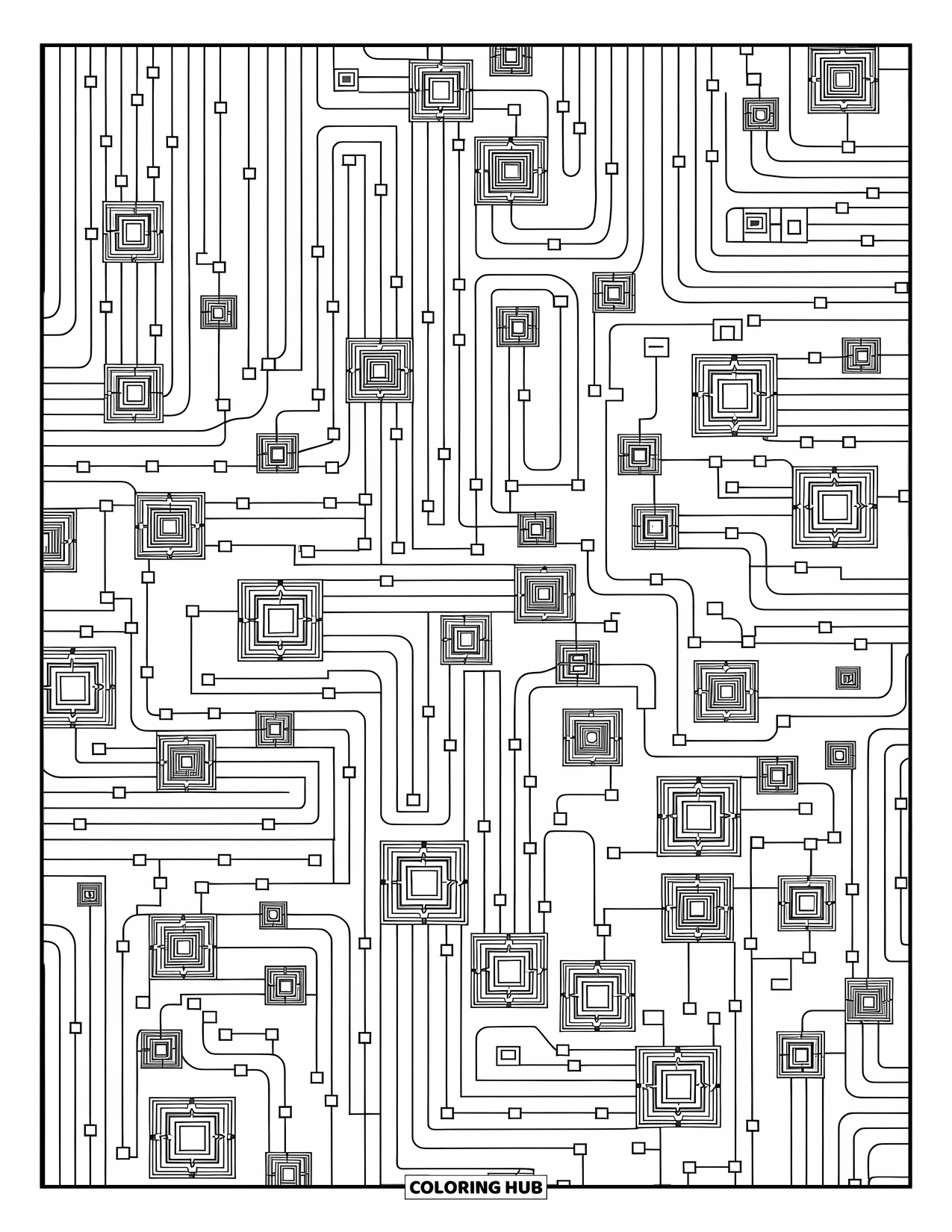 Kolorowanka z robotem dla dorosłych: Połączone symbole robotyczne, mikroczipy i linie tworzące skomplikowaną mozaikę.