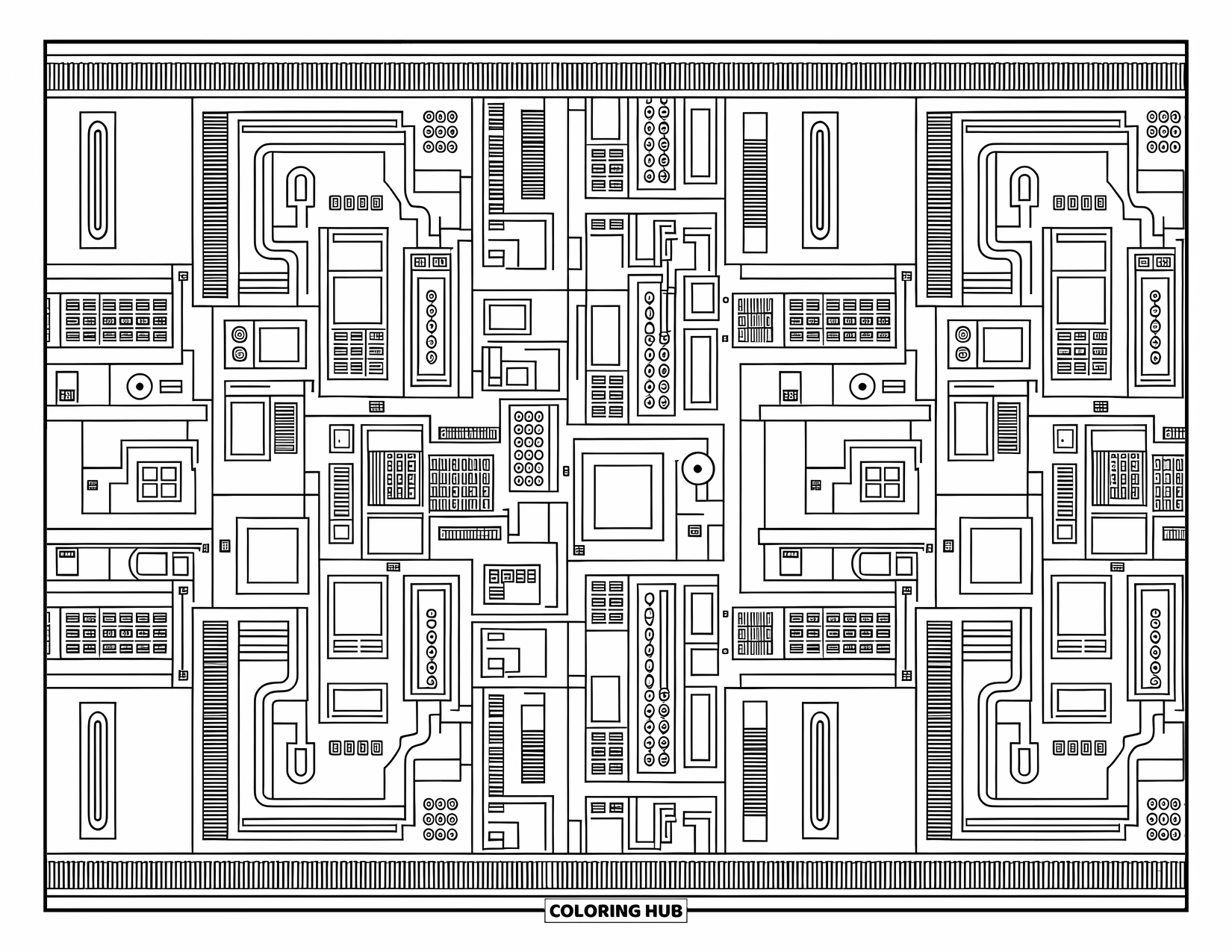Kolorowanka z robotem dla dorosłych: Mechaniczne panele i kable wypełniają przestrzeń artystycznymi wzorami i obramowaniami