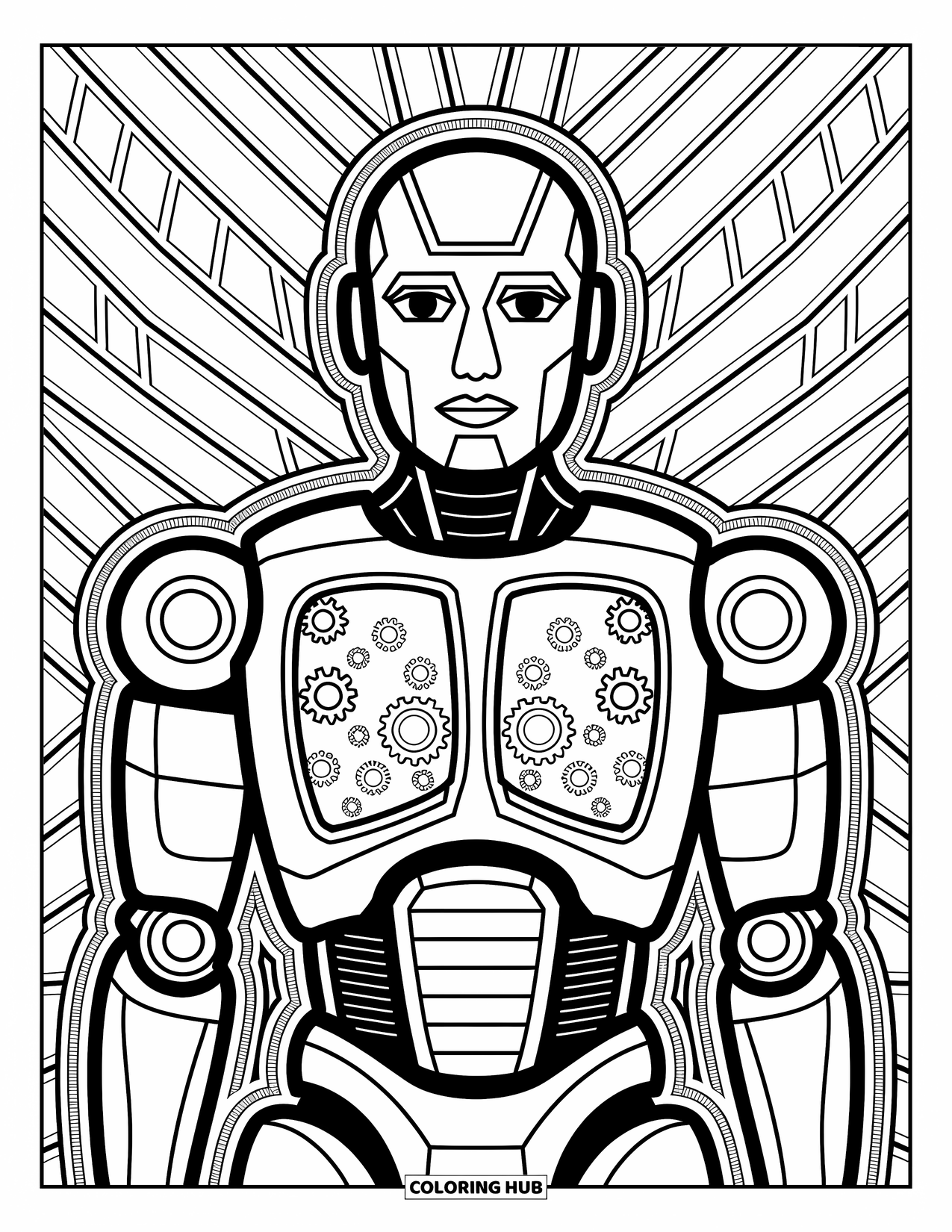 Kolorowanka z robotem dla dorosłych: Robot z otwartymi panelami na klatce piersiowej pokazującymi zębatki i obwody w środku.