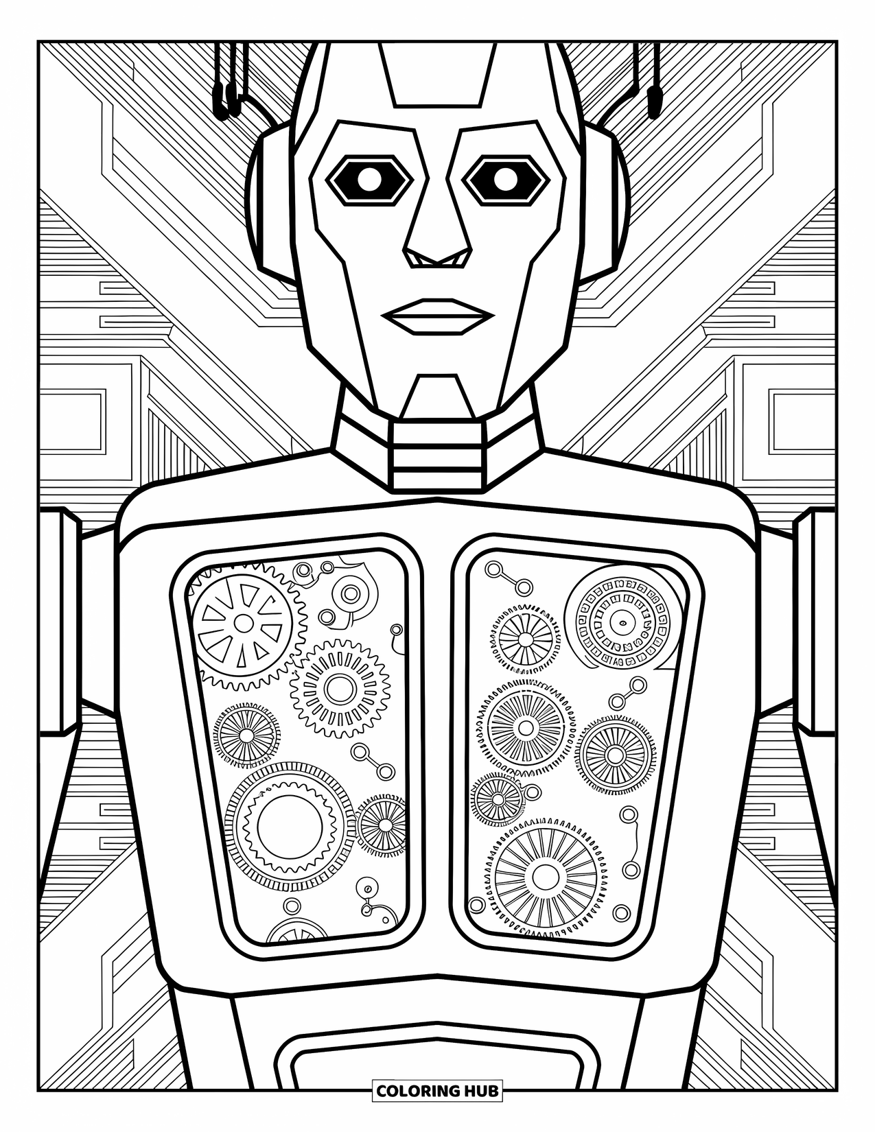 Kolorowanka z robotem dla dorosłych: Robot z otwartymi panelami na klatce piersiowej otoczony geometrycznymi kształtami i organicznymi wzorami.