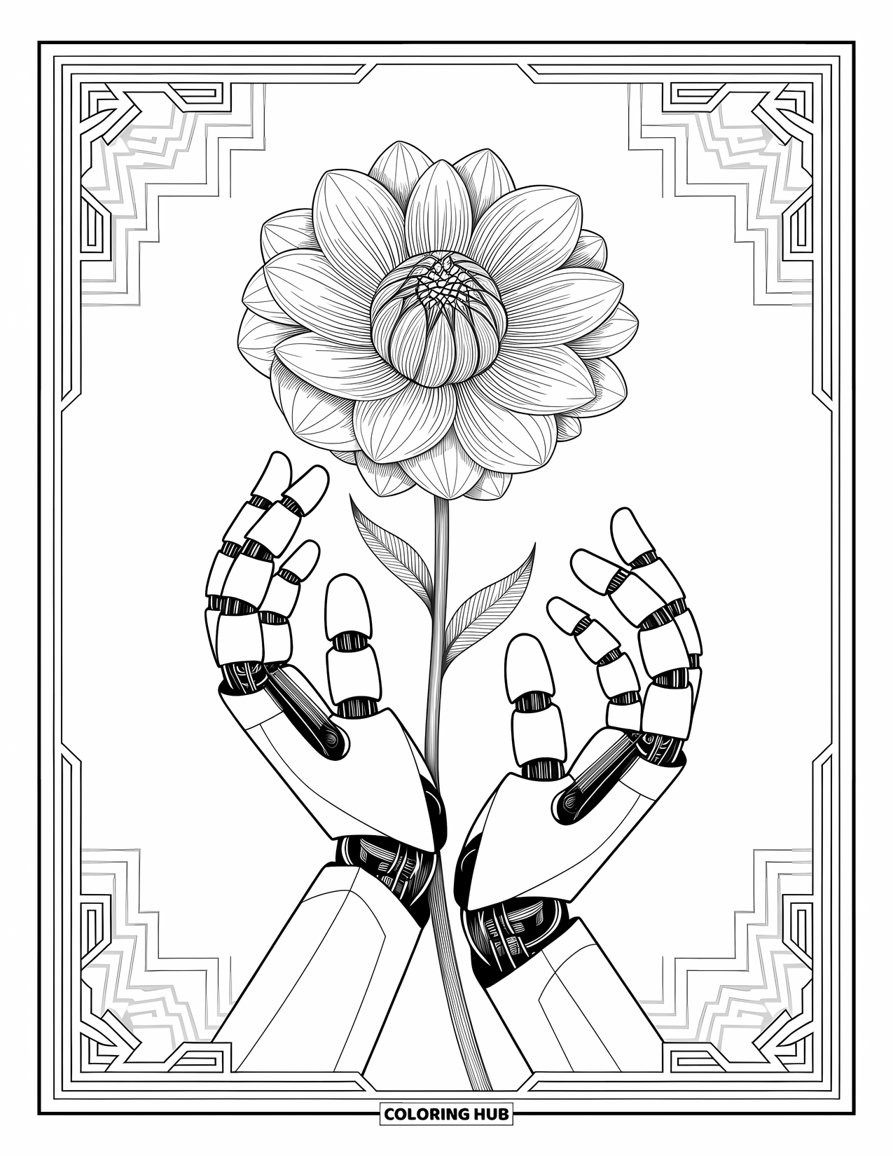 Kolorowanka z robotem dla dorosłych: Robotyczne ręce delikatnie trzymają mechaniczny kwiat z warstwowymi płatkami.