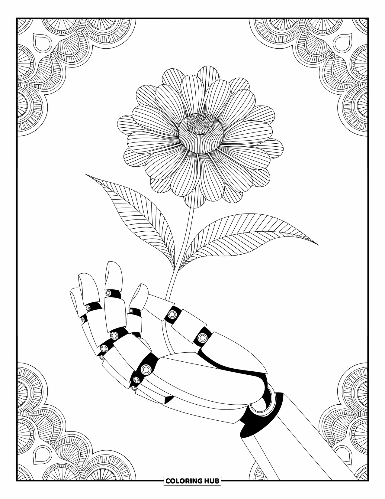 Kolorowanka z robotem dla dorosłych: Robotyczne ręce trzymają filigranowy mechaniczny kwiat otoczony delikatnymi wzorami.
