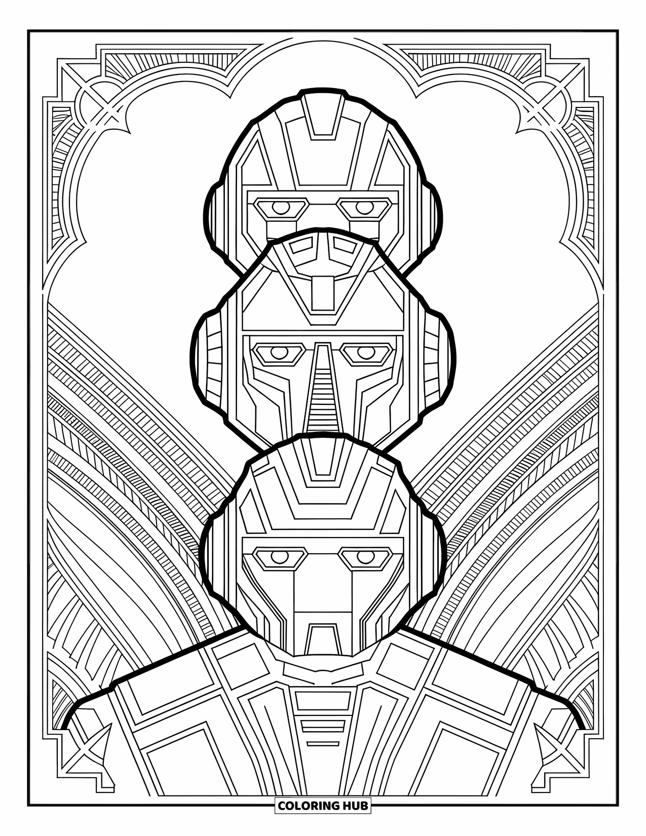 Kolorowanka z robotem dla dorosłych: Ułożone jeden na drugim głowy robotów otoczone skomplikowanymi wzorami i szczegółowymi obramowaniami.