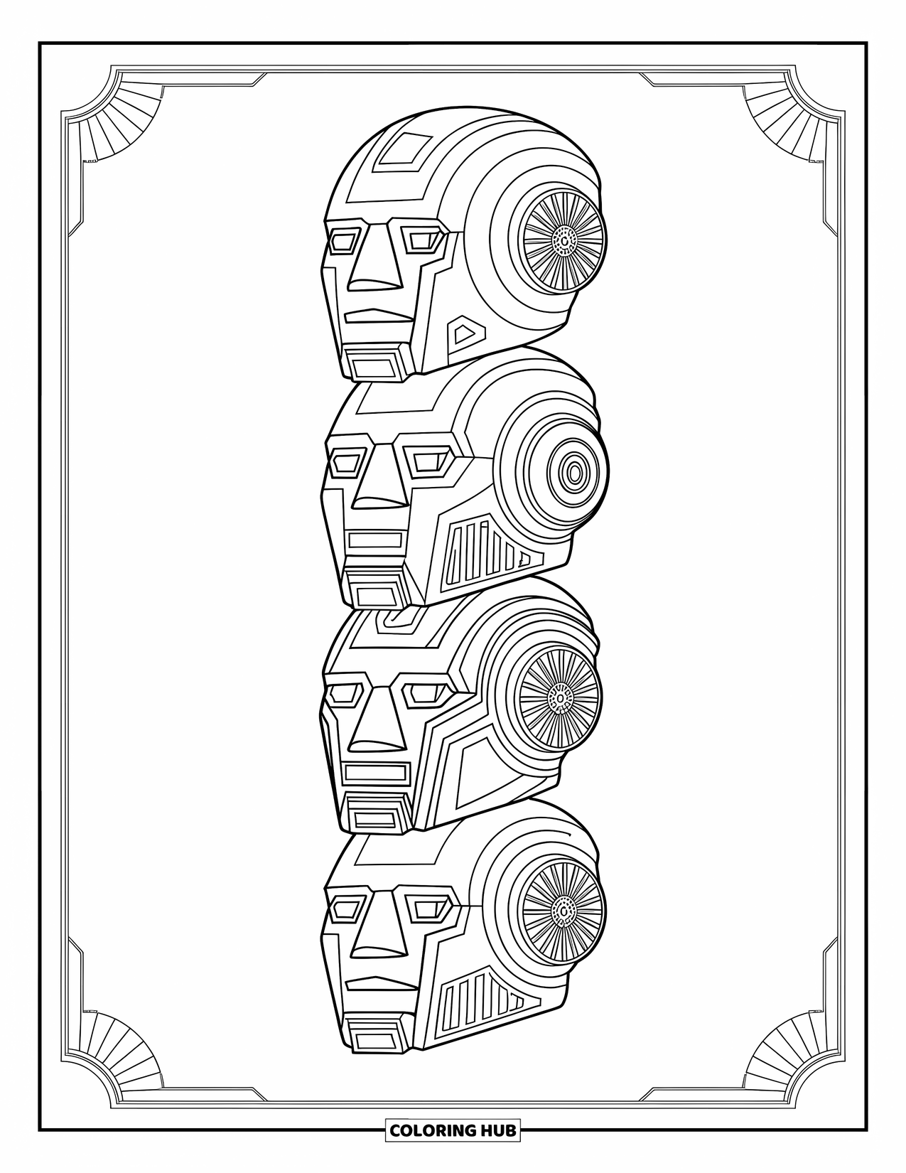 Kolorowanka z robotem dla dorosłych: Ułożone jeden na drugim głowy robotów z różnymi cechami mechanicznymi i ozdobnymi obramowaniami.