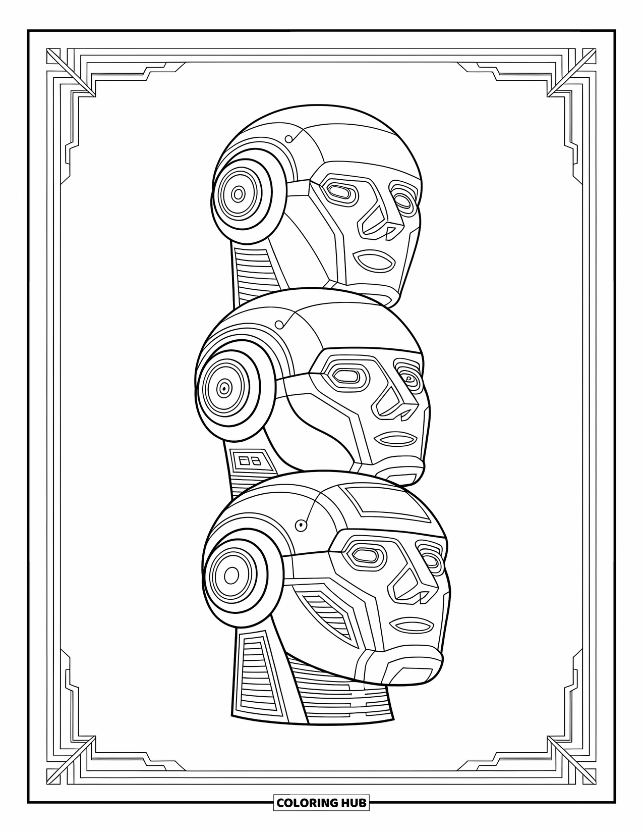 Kolorowanka z robotem dla dorosłych: Ułożone jeden na drugim głowy robotów z ozdobnymi wzorami i eleganckimi dekoracyjnymi obramowaniami.