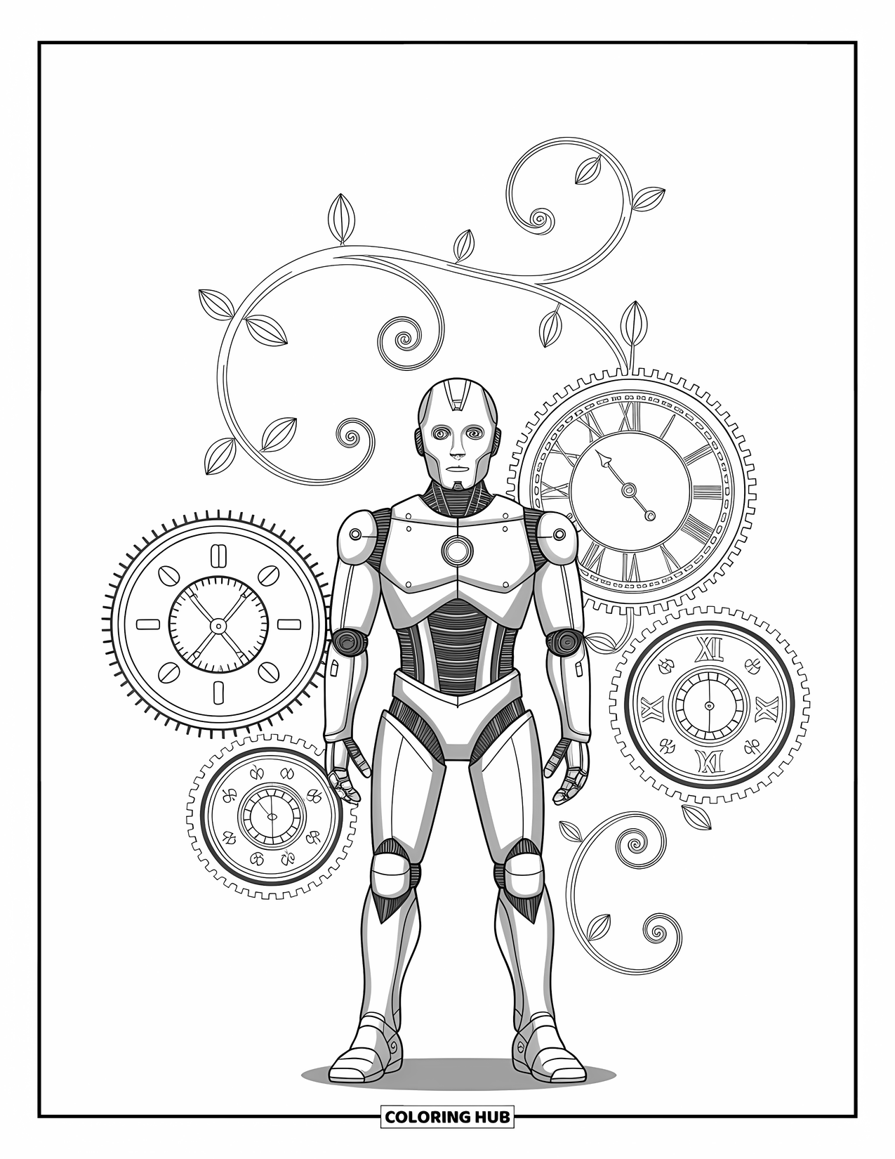 Kolorowanka z robotem dla dorosłych: Robot steampunkowy z zębatkami i trybikami wtapiającymi się w ozdobne wzory i zegary.