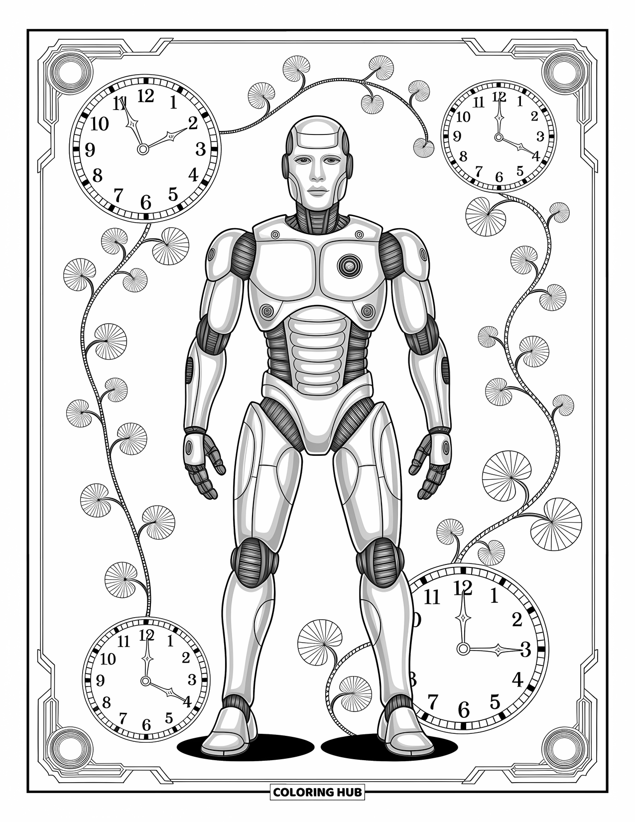 Kolorowanka z robotem dla dorosłych: Robot steampunkowy z zębatkami i tłokami wśród wirujących pnączy i zegarów.