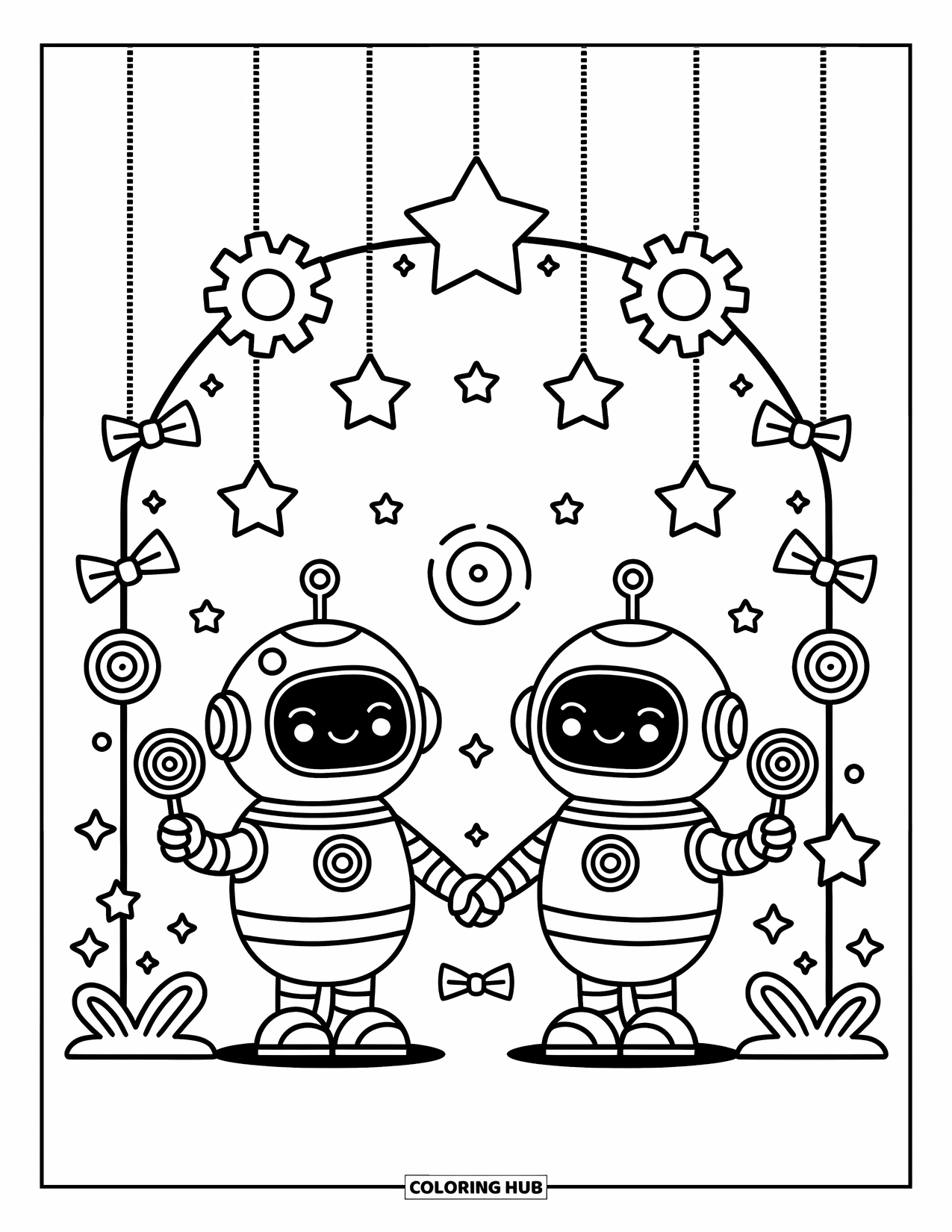 Kolorowanka z robotem dla dorosłych: Dwa radosne roboty z lizakami stoją pod łukiem z gwiazd i maleńkich kokard