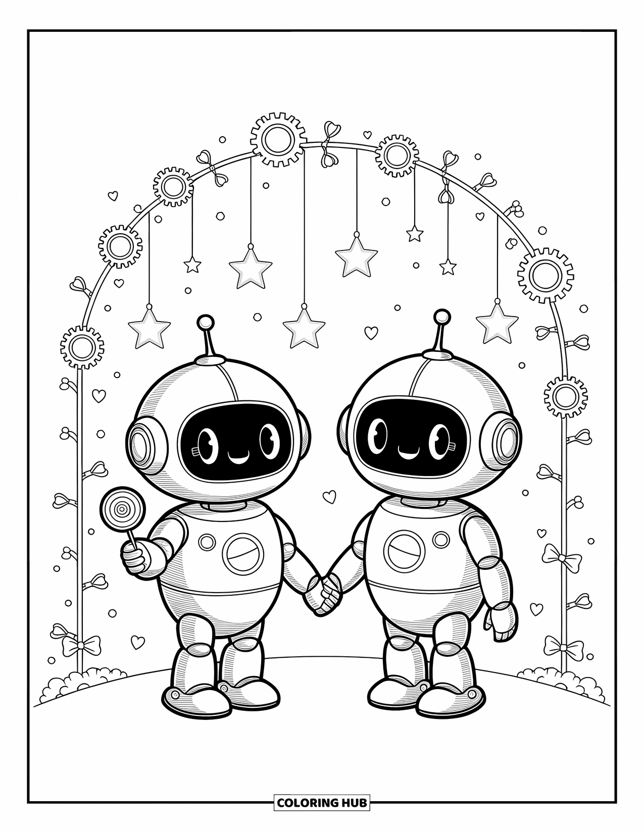 Kolorowanka z robotem dla dorosłych: Dwa urocze roboty trzymają się za ręce z lizakami pod łukiem z gwiazd i zębatek
