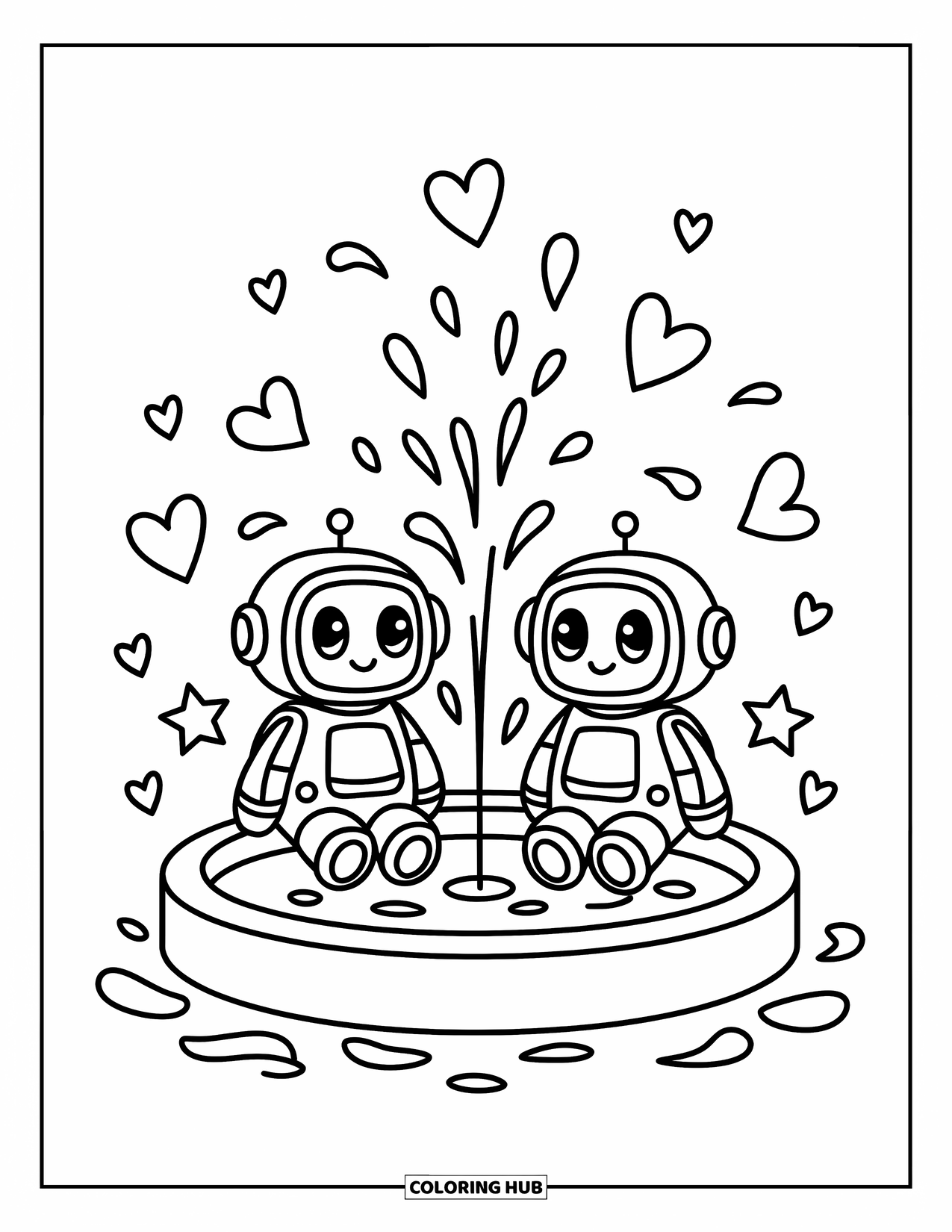 Kolorowanka z robotem dla dorosłych: Dwa urocze roboty siedzą na fontannie otoczonej fantazyjnymi sercami i gwiazdami