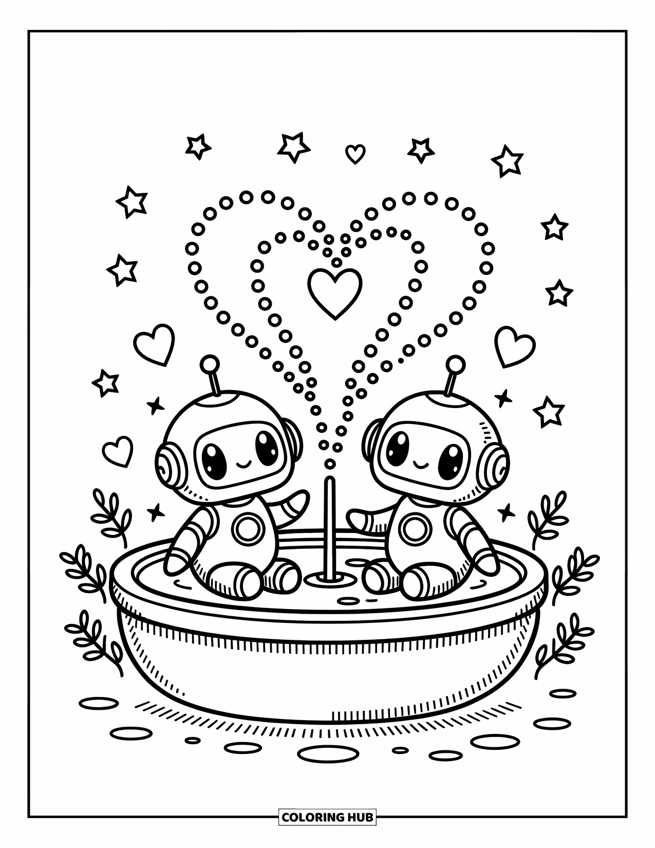 Kolorowanka z robotem dla dorosłych: Dwa roboty kawaii siedzą przy fontannie z wesołymi kroplami w kształcie gwiazd i serc