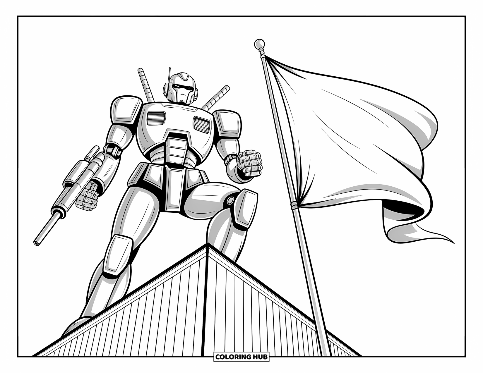Kolorowanka z robotem dla dzieci: Gotowy do walki robot stoi na drapaczu chmur z powiewającym obok sztandarem