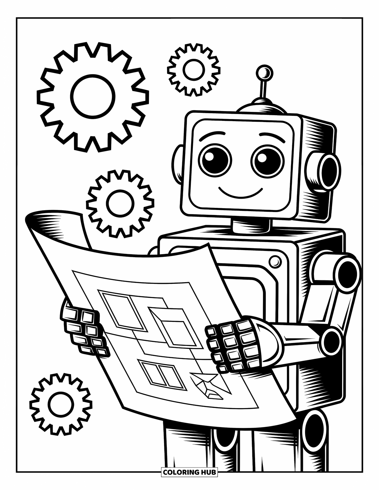 Kolorowanka z robotem dla dzieci: Kanciasty robot trzyma plan z wyraźnymi liniami i obracającymi się zębatkami wokół