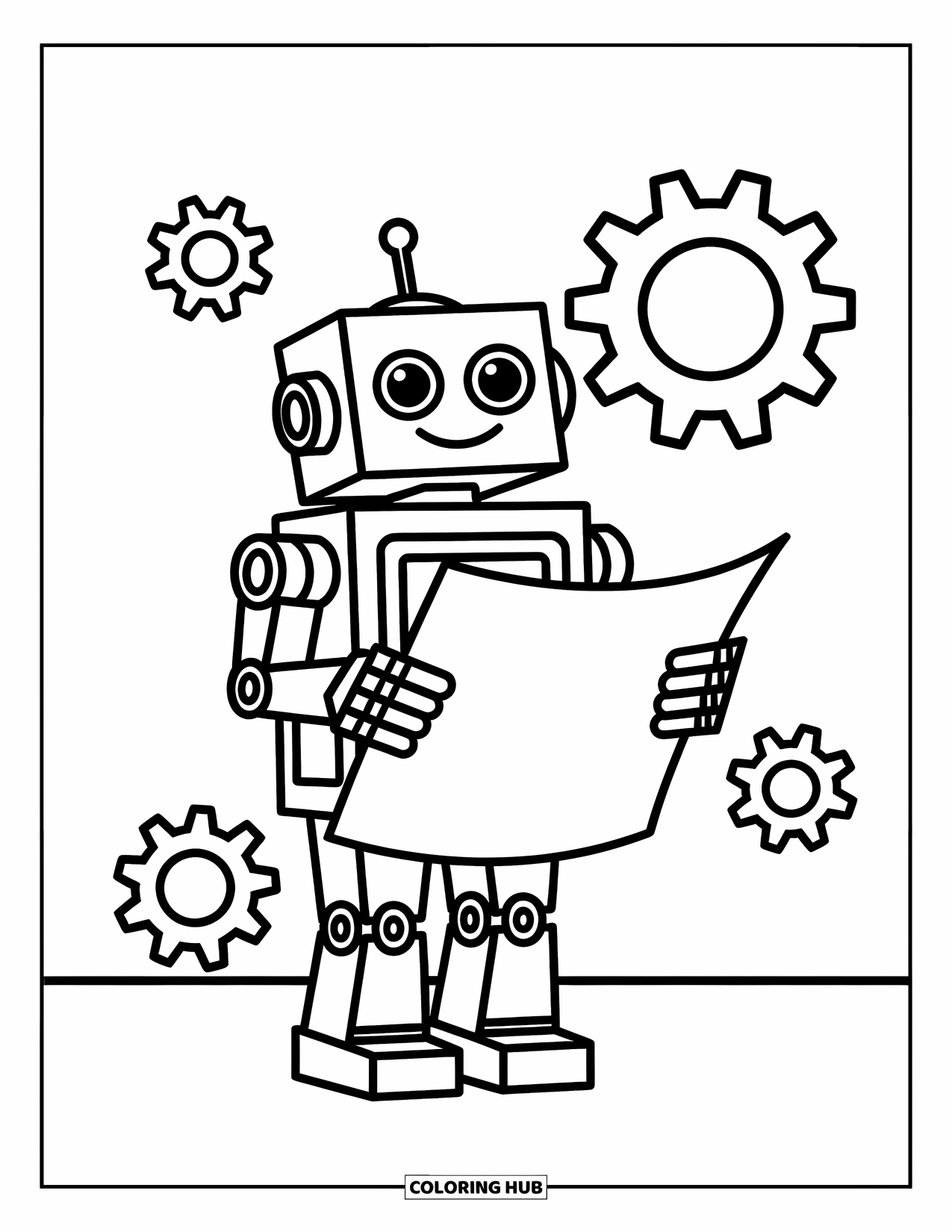 Kolorowanka z robotem dla dzieci: Kanciasty robot trzyma plan z zębatkami obracającymi się delikatnie w tle