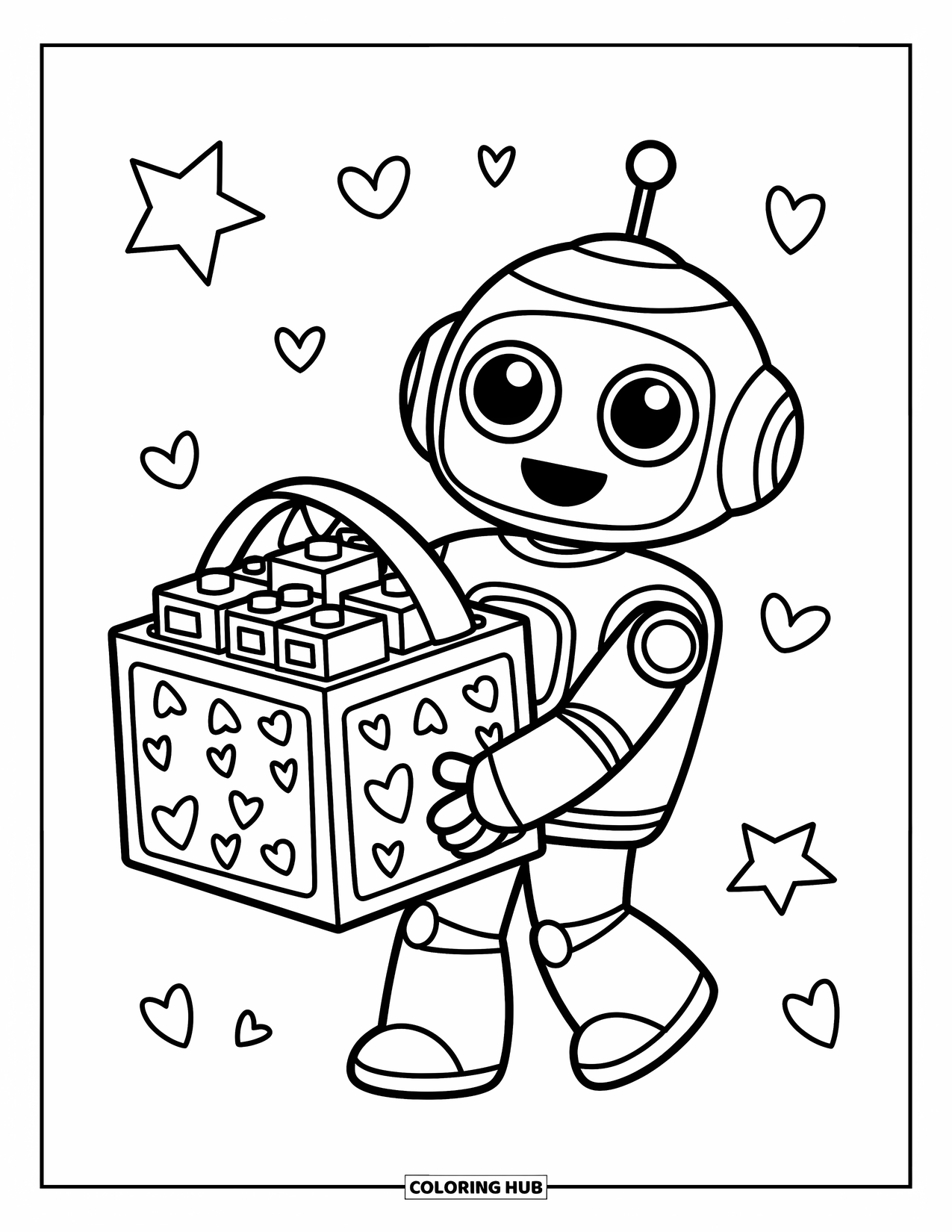 Kolorowanka z robotem dla dzieci: Wesoły robot trzyma pudełko z zabawkami z klockami i figlarnymi kształtami wokół