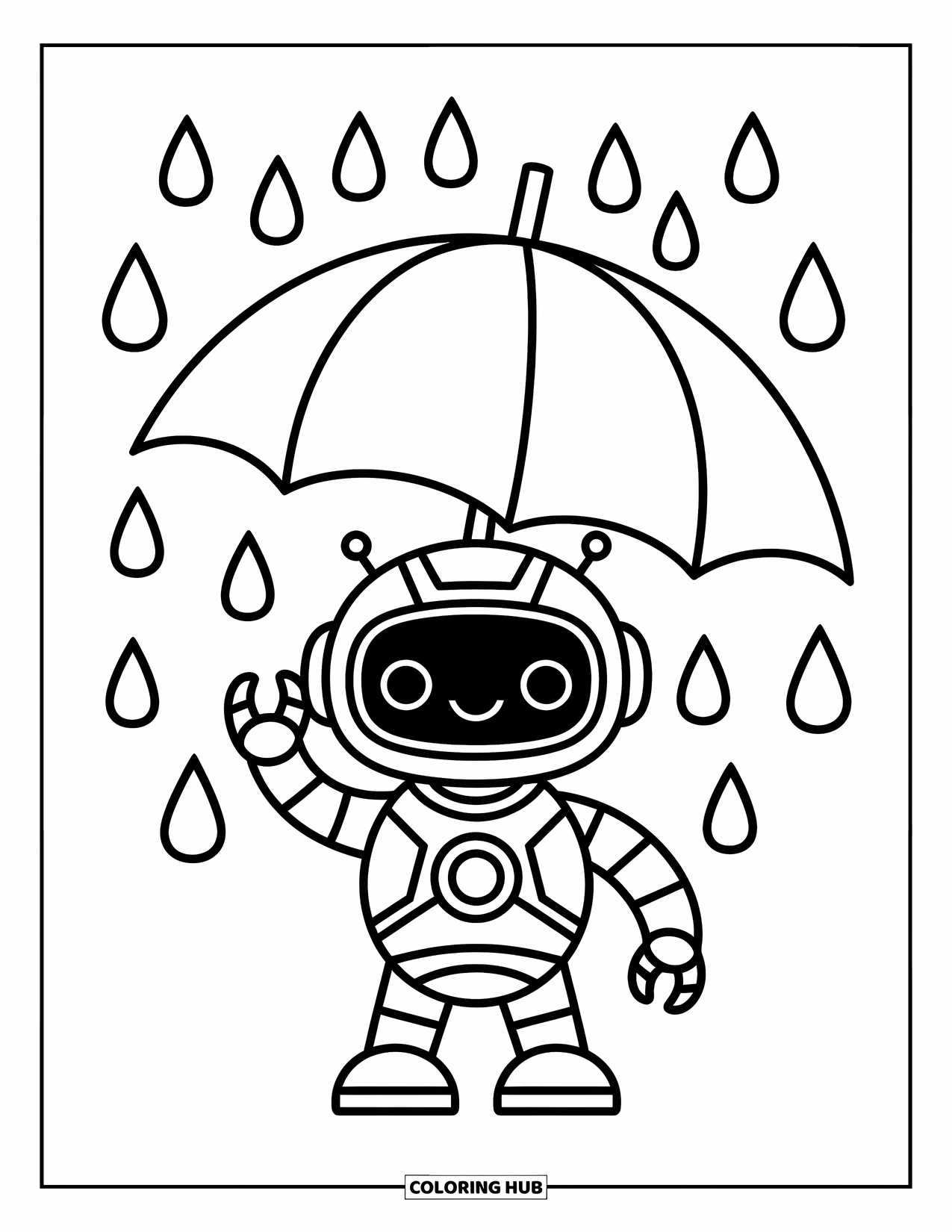 Kolorowanka z robotem dla dzieci: Wesoły robot trzyma parasol z figlarnymi kroplami deszczu w pobliżu