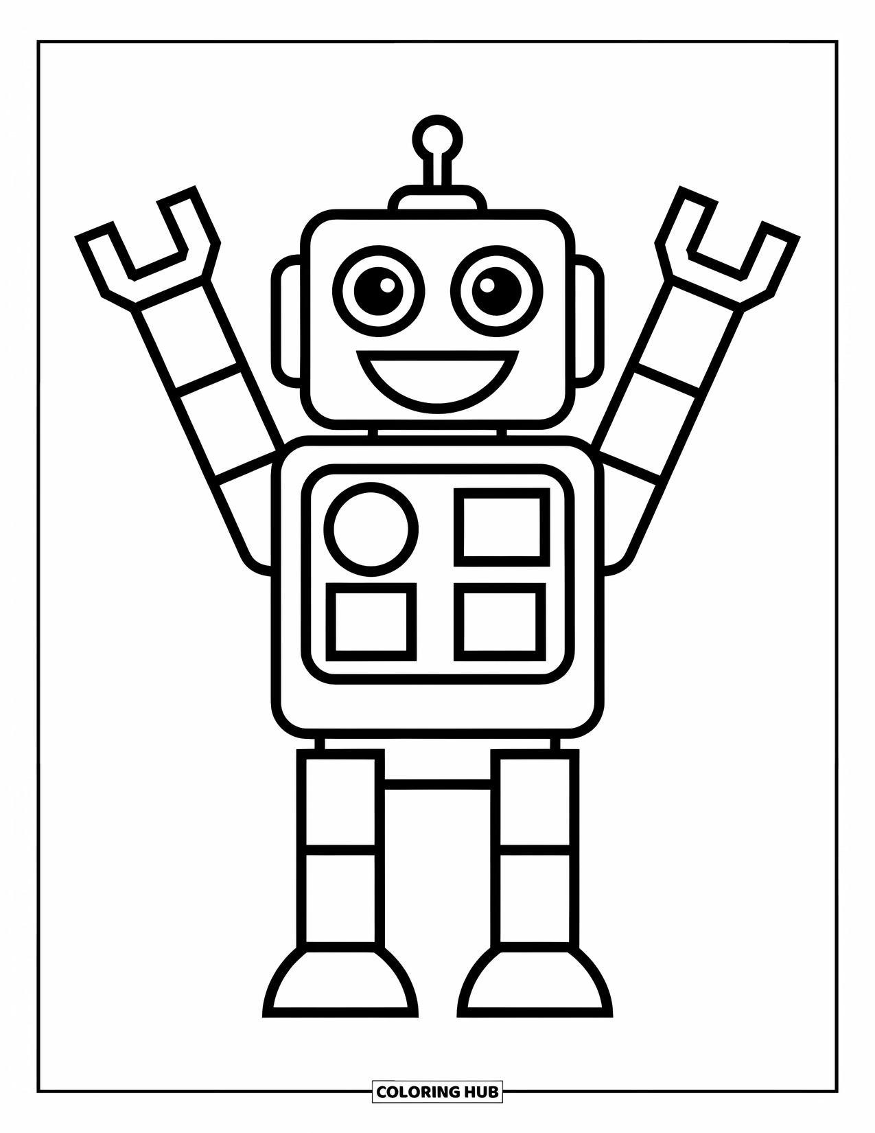Kolorowanka z robotem dla dzieci: Wesoły robot zbudowany z kształtów radośnie macha obiema rękami