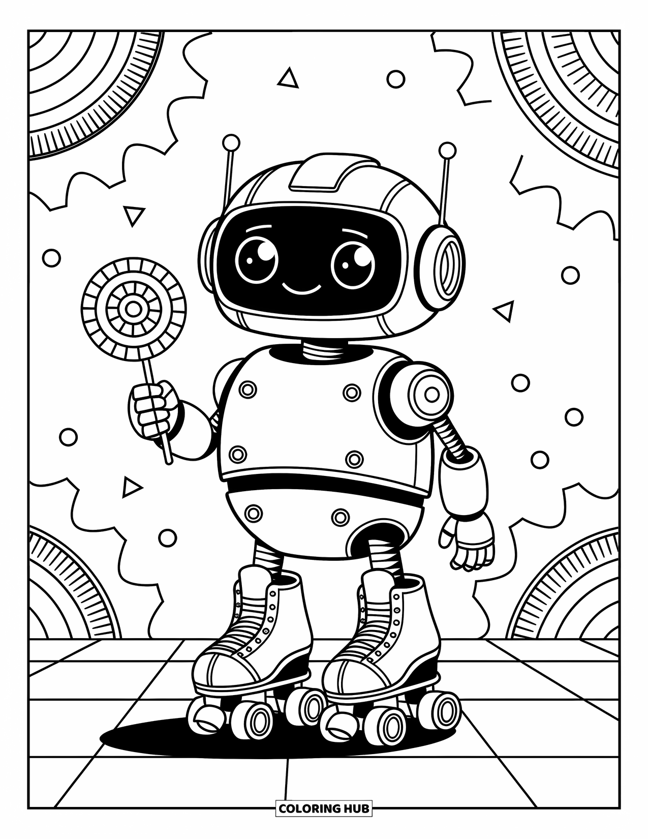 Kolorowanka z robotem dla dzieci: Wesoły robot na wrotkach trzyma lizaka z figlarnymi kształtami w tle