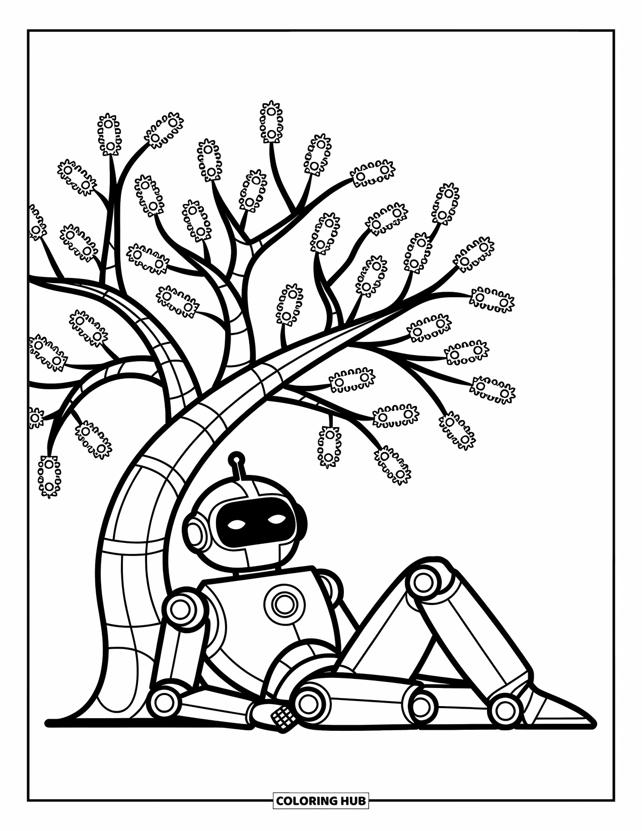 Kolorowanka z robotem dla dzieci: Radosny robot odpoczywa pod drzewem z liśćmi w kształcie zębatek z zabawnymi wzorami gałęzi