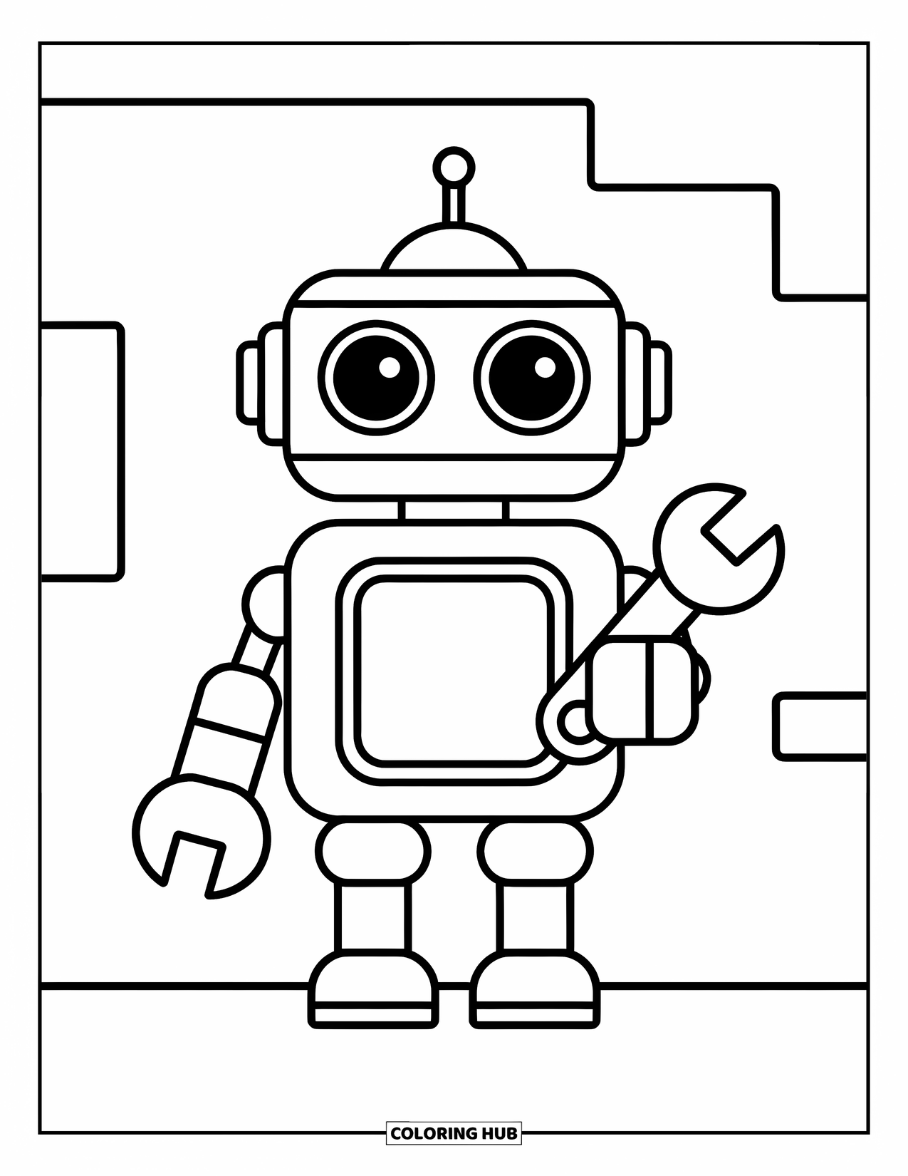 Kolorowanka z robotem dla dzieci: Wesoły robot z cylindrycznym korpusem trzyma zabawkę-klucz