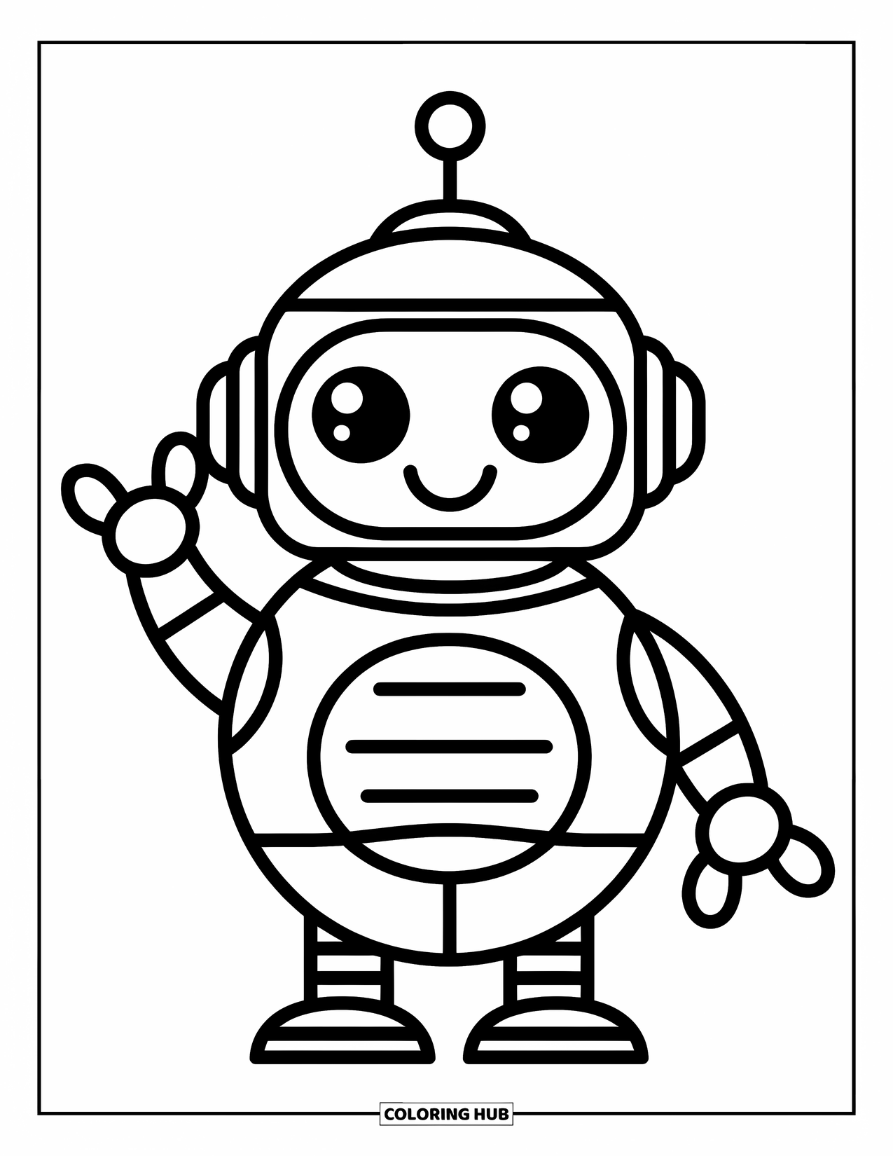 Kolorowanka z robotem dla dzieci: Wesoły robot z małą antenką radośnie macha