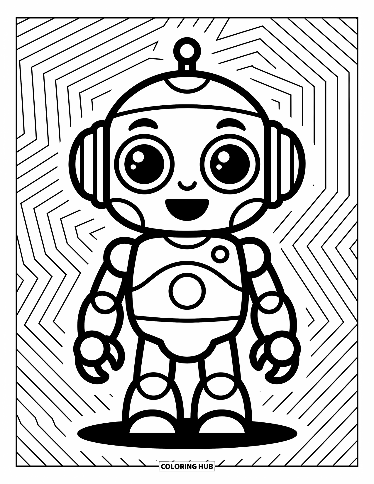 Kolorowanka z robotem dla dzieci: Wesoły robot z uszami z zębatek stoi wśród małych figlarnych zębatek