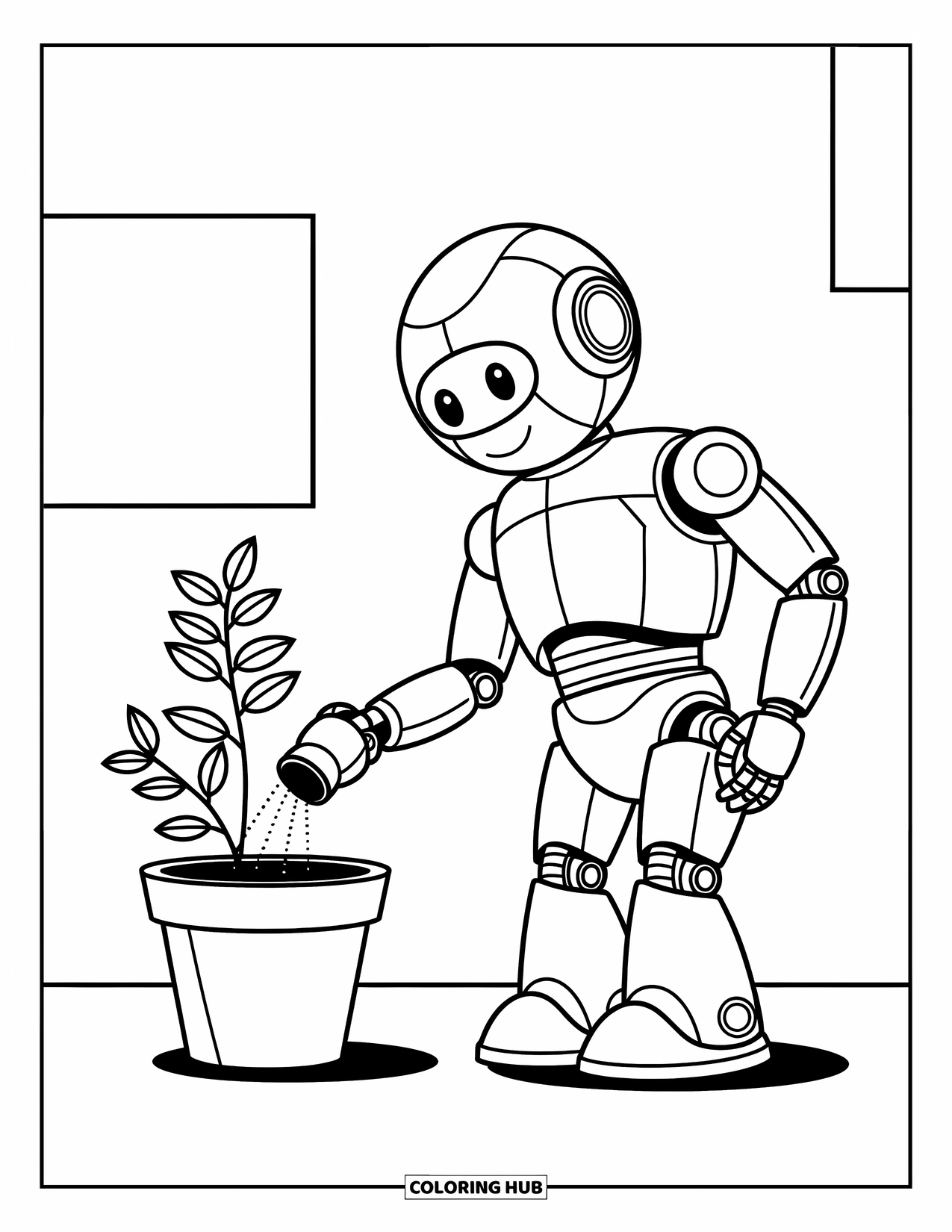 Kolorowanka z robotem dla dzieci: Wesoły robot z długimi ramionami podlewa roślinę z bujnymi liśćmi i miękkimi kształtami wokół