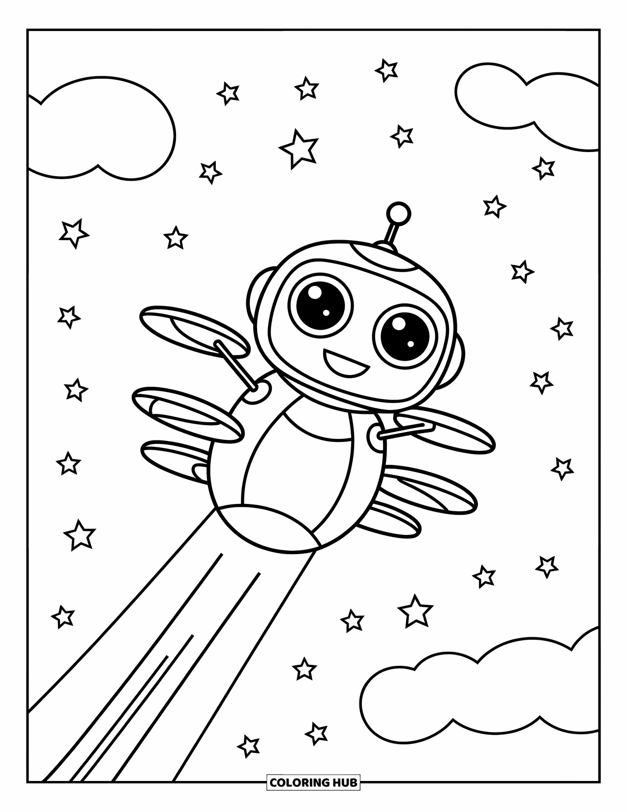 Kolorowanka z robotem dla dzieci: Wesoły robot ze śmigłami unosi się wśród gwiazd i chmur na niebie
