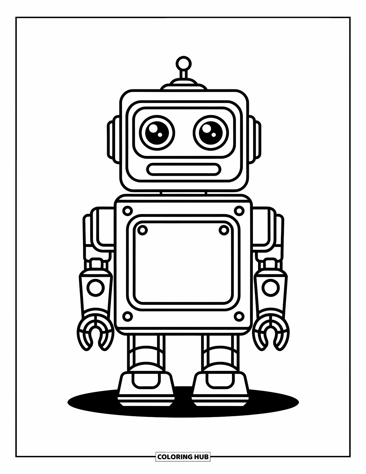 Kolorowanka z robotem dla dzieci: Wesoły robot z krótkimi nogami i kwadratowym korpusem uśmiecha się radośnie