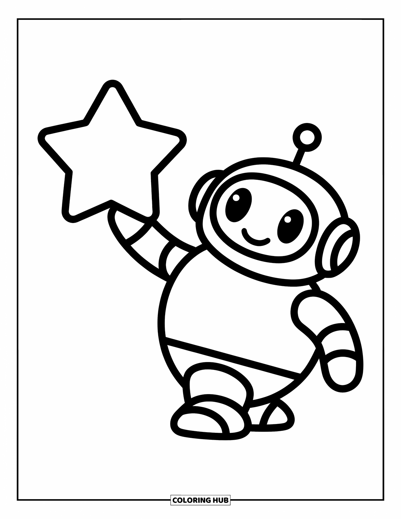 Kolorowanka z robotem dla dzieci: Pulchny robot trzyma dużą gwiazdę z radosnym uśmiechem