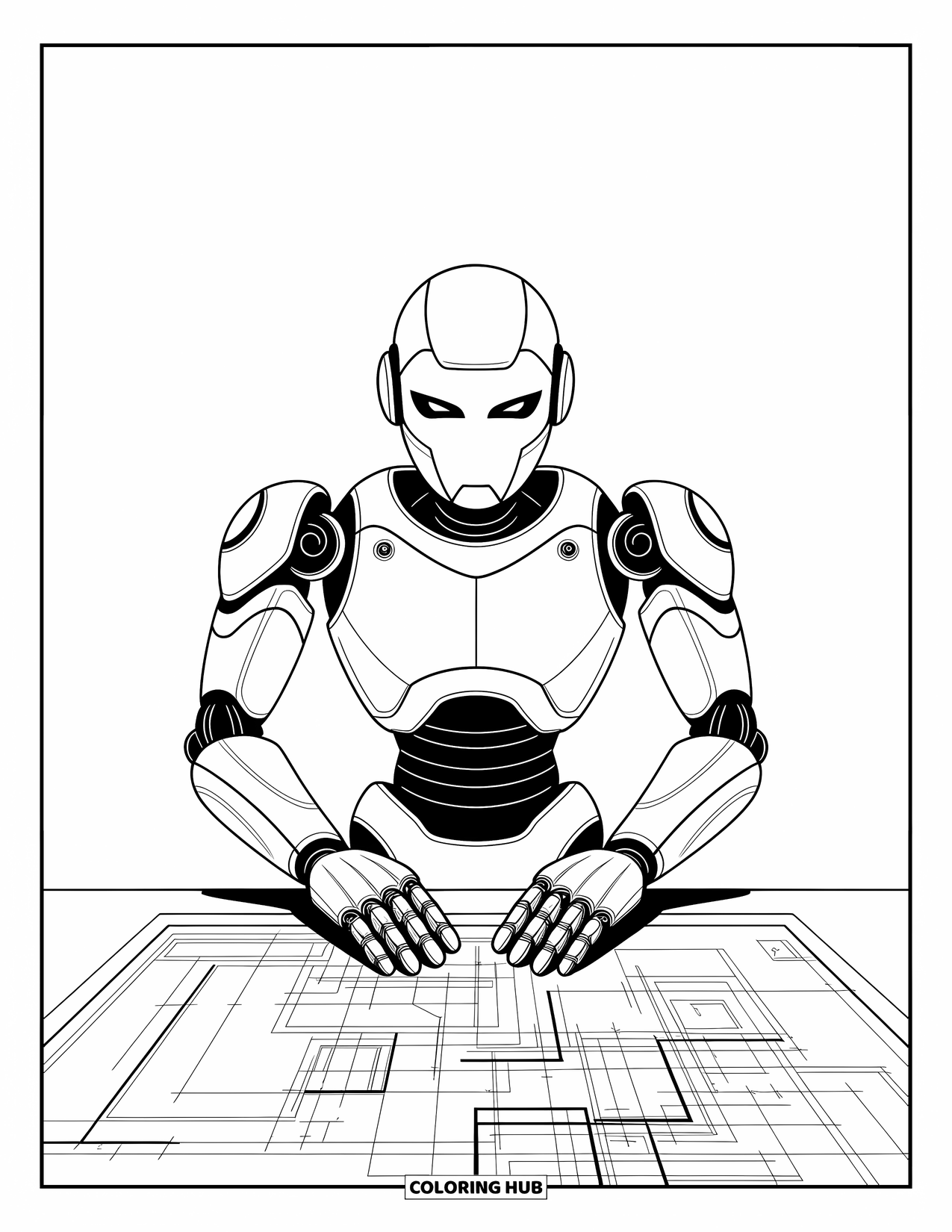 Kolorowanka z robotem dla dzieci: Pewny siebie robot-wynalazca rysuje pomysły na cyfrowym wyświetlaczu z planami