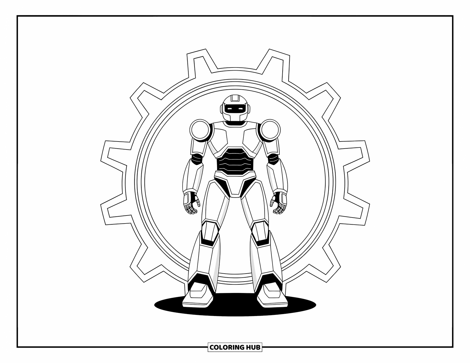 Kolorowanka z robotem dla dzieci: Pewny siebie robot stoi wewnątrz ogromnego koła zębatego wypełnionego szczegółowymi wzorami