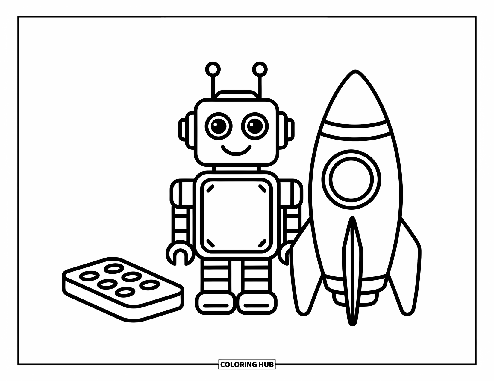 Kolorowanka z robotem dla dzieci: Robot w kształcie kostki stoi obok zabawki-rakiety i pilota