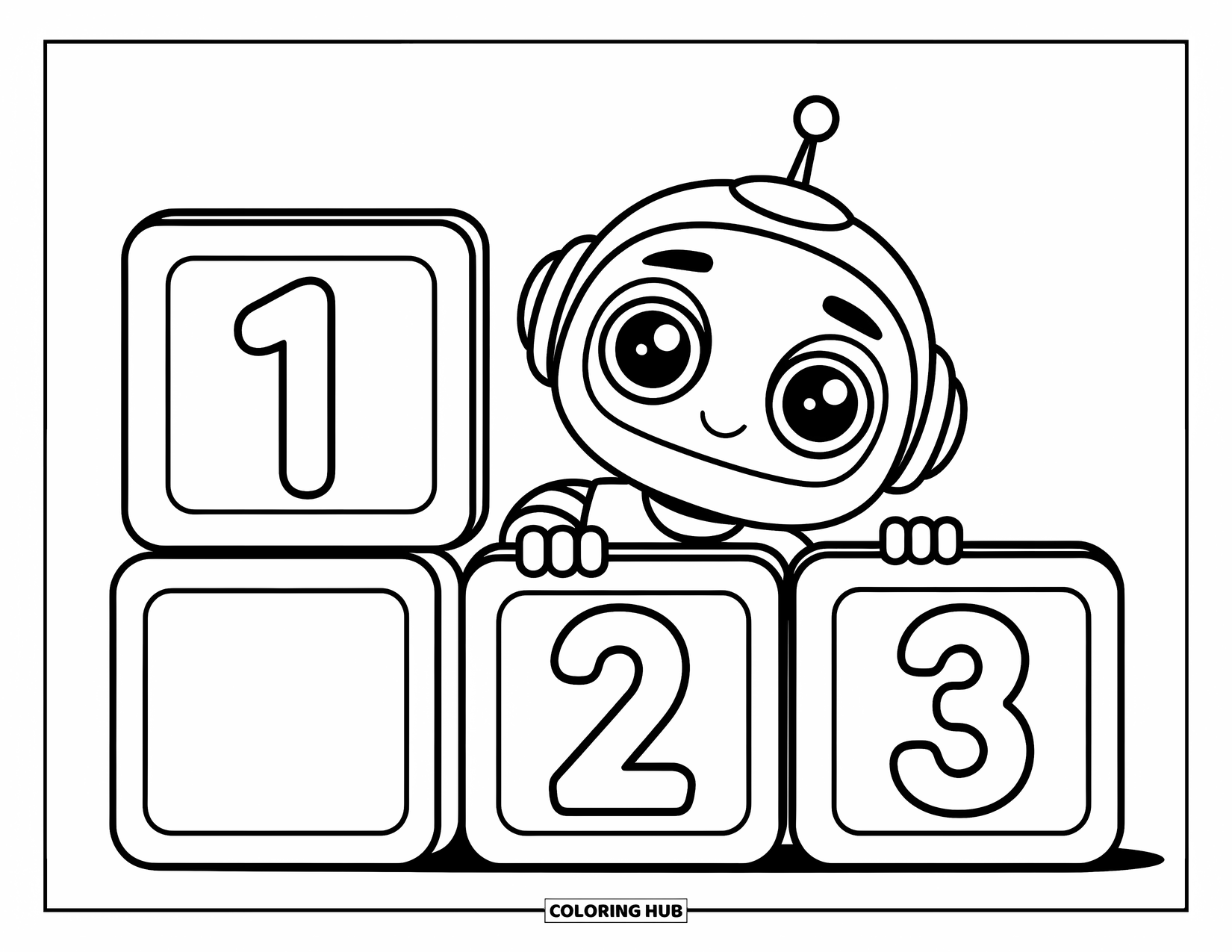 Kolorowanka z robotem dla dzieci: Uroczy robot zabawnie wygląda zza ponumerowanych klocków