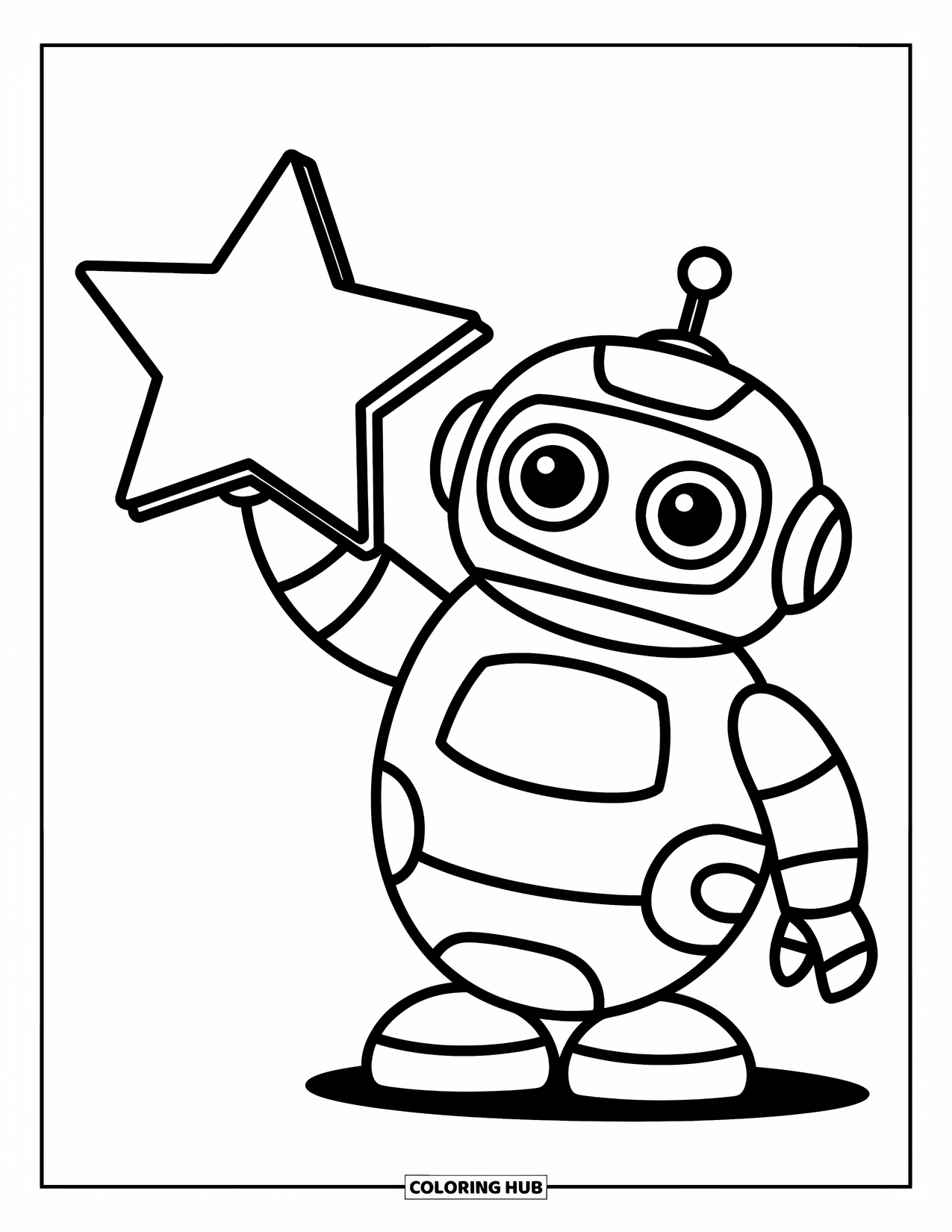 Kolorowanka z robotem dla dzieci: Uroczy robot z dużymi oczami trzyma gwiazdę w jednej ręce