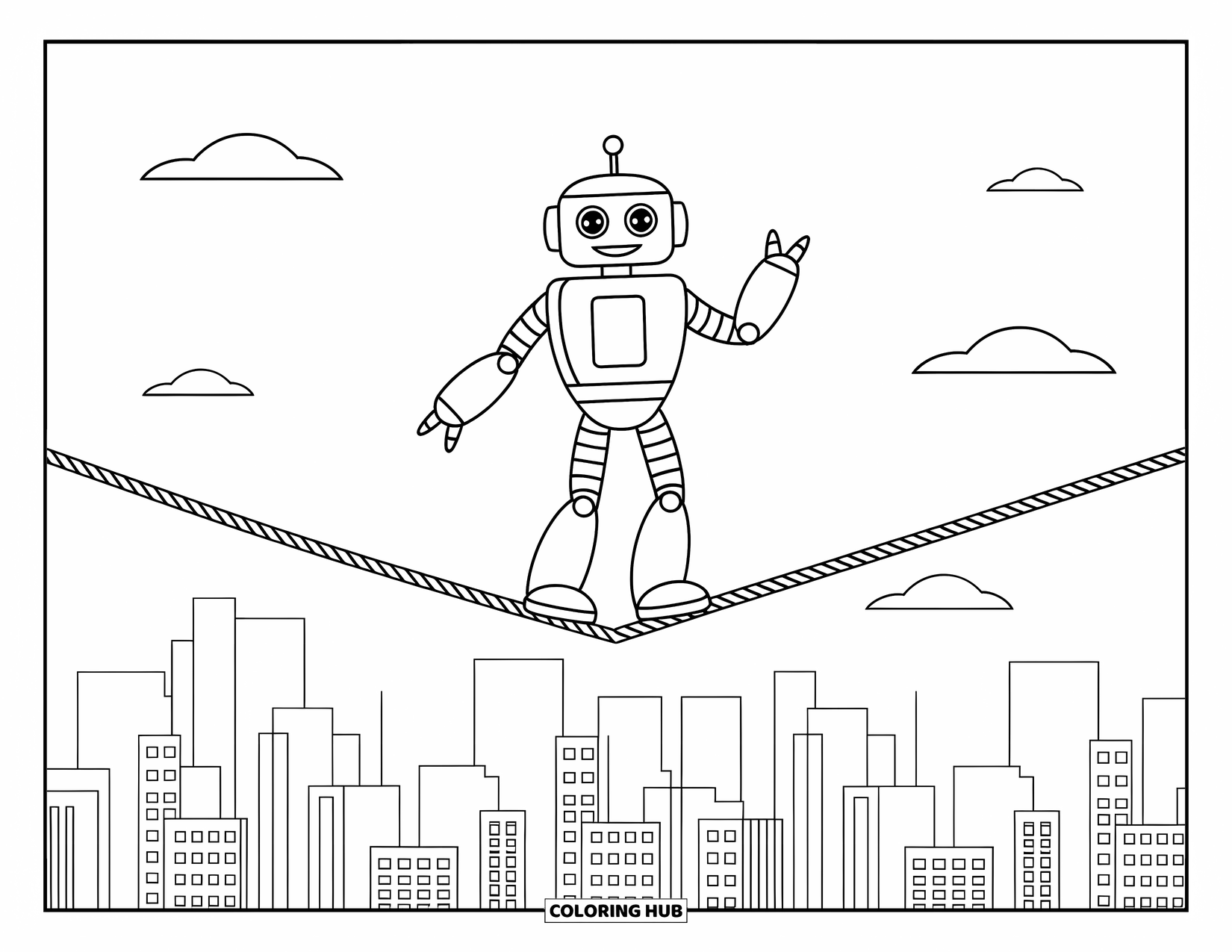 Kolorowanka z robotem dla dzieci: Skupiony robot balansuje na linie z chmurami i liniami wiatru wokół