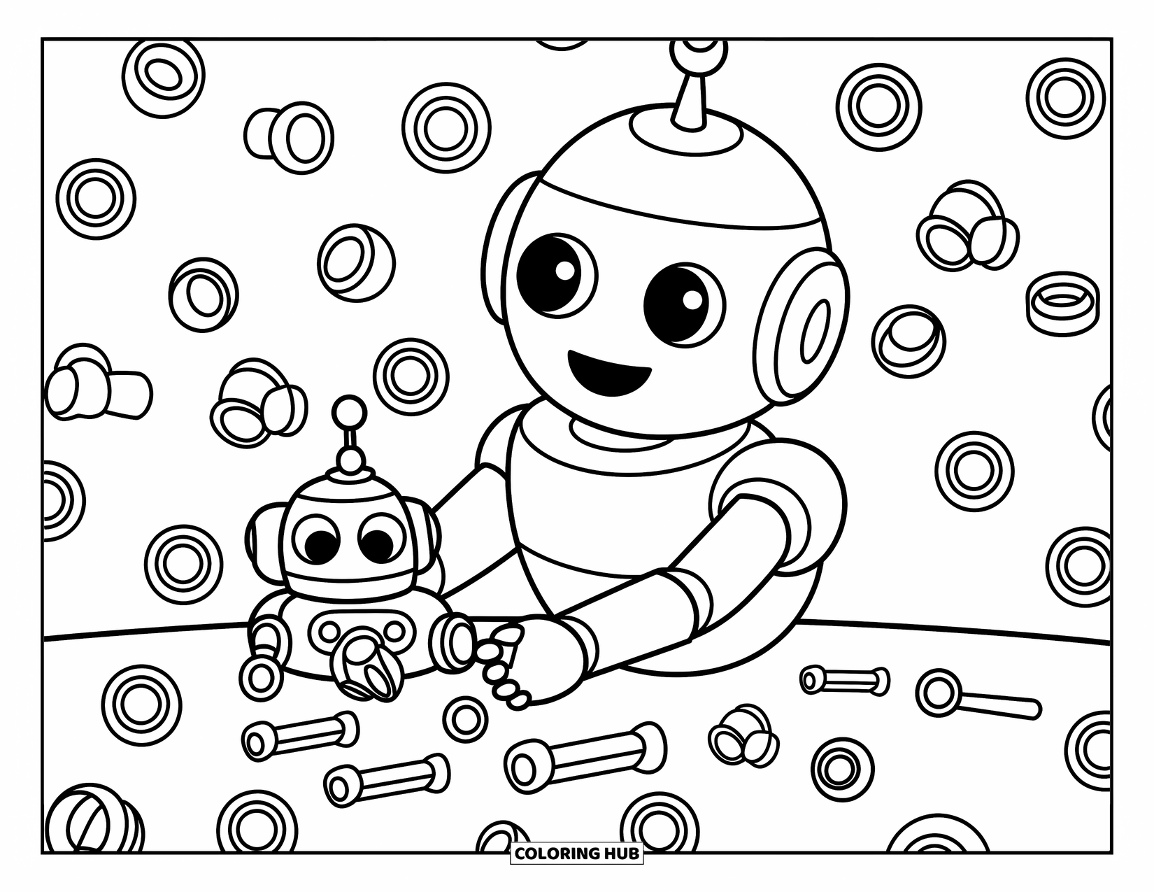 Kolorowanka z robotem dla dzieci: Przyjazny robot buduje małego robota z nakrętkami i śrubami rozrzuconymi wokół