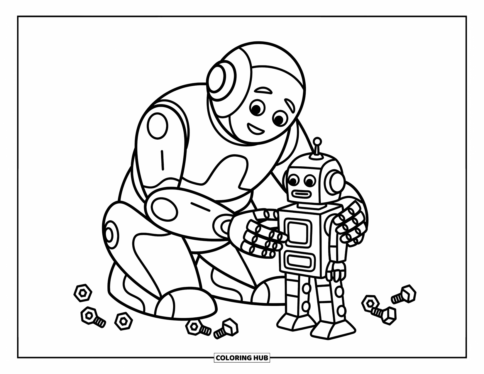 Kolorowanka z robotem dla dzieci: Przyjazny robot ostrożnie składa małego robota z nakrętkami i śrubami w pobliżu