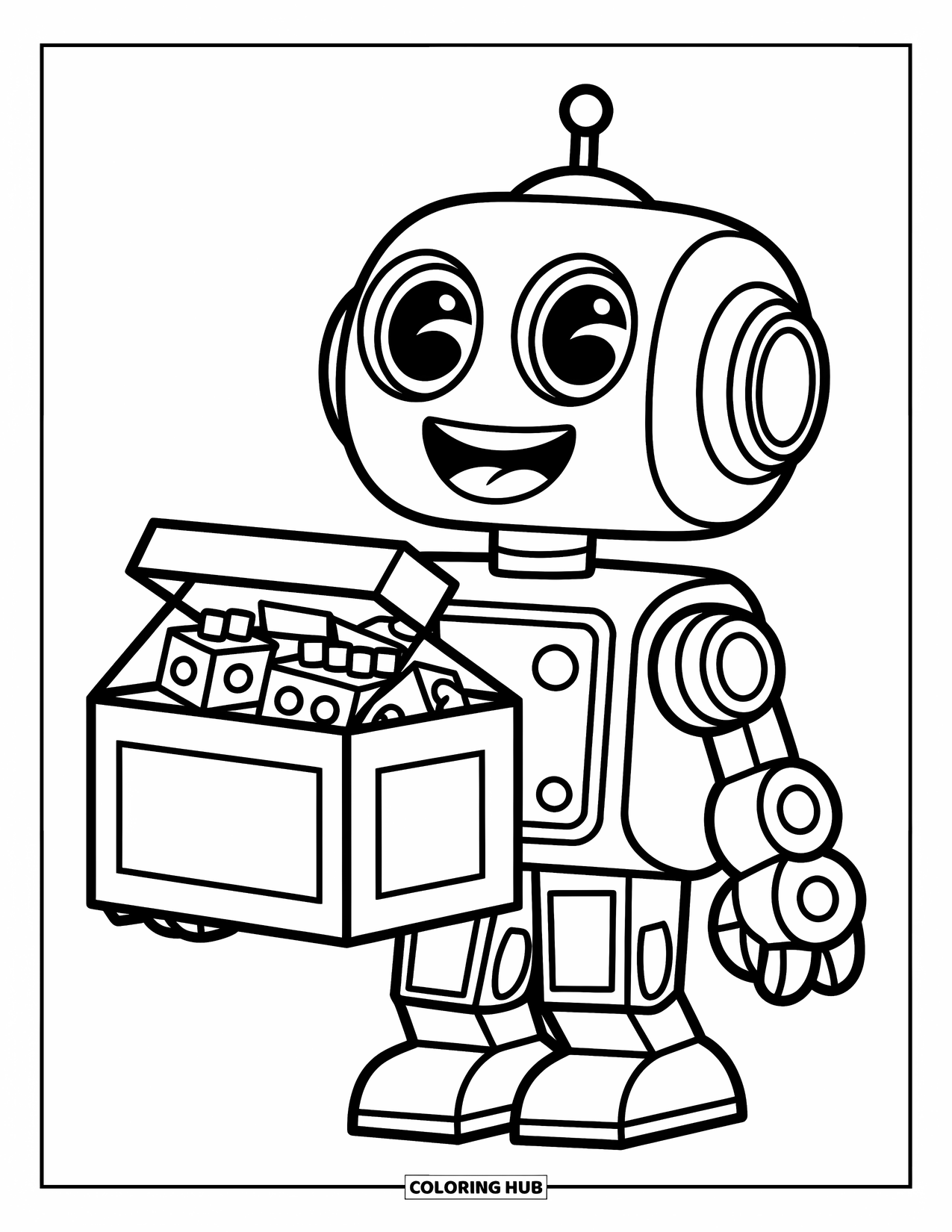 Kolorowanka z robotem dla dzieci: Przyjazny robot niesie pudełko z klockami z gwiazdami i sercami w pobliżu