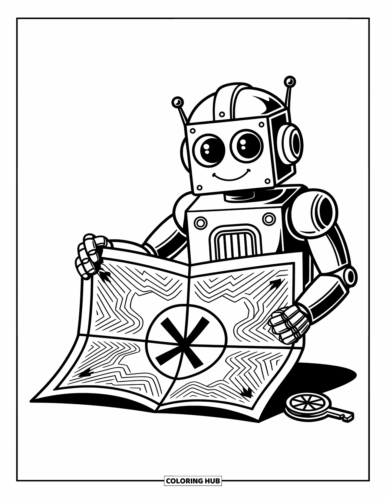 Kolorowanka z robotem dla dzieci: Przyjazny robot trzyma mapę skarbów oznaczoną literą 'X' i mały kompas w pobliżu
