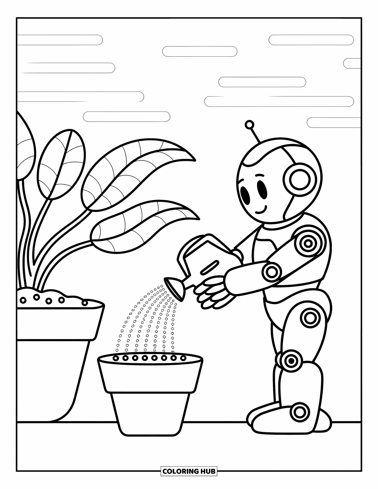 Kolorowanka z robotem dla dzieci: Przyjazny robot podlewa roślinę doniczkową z zabawnymi wzorami w tle