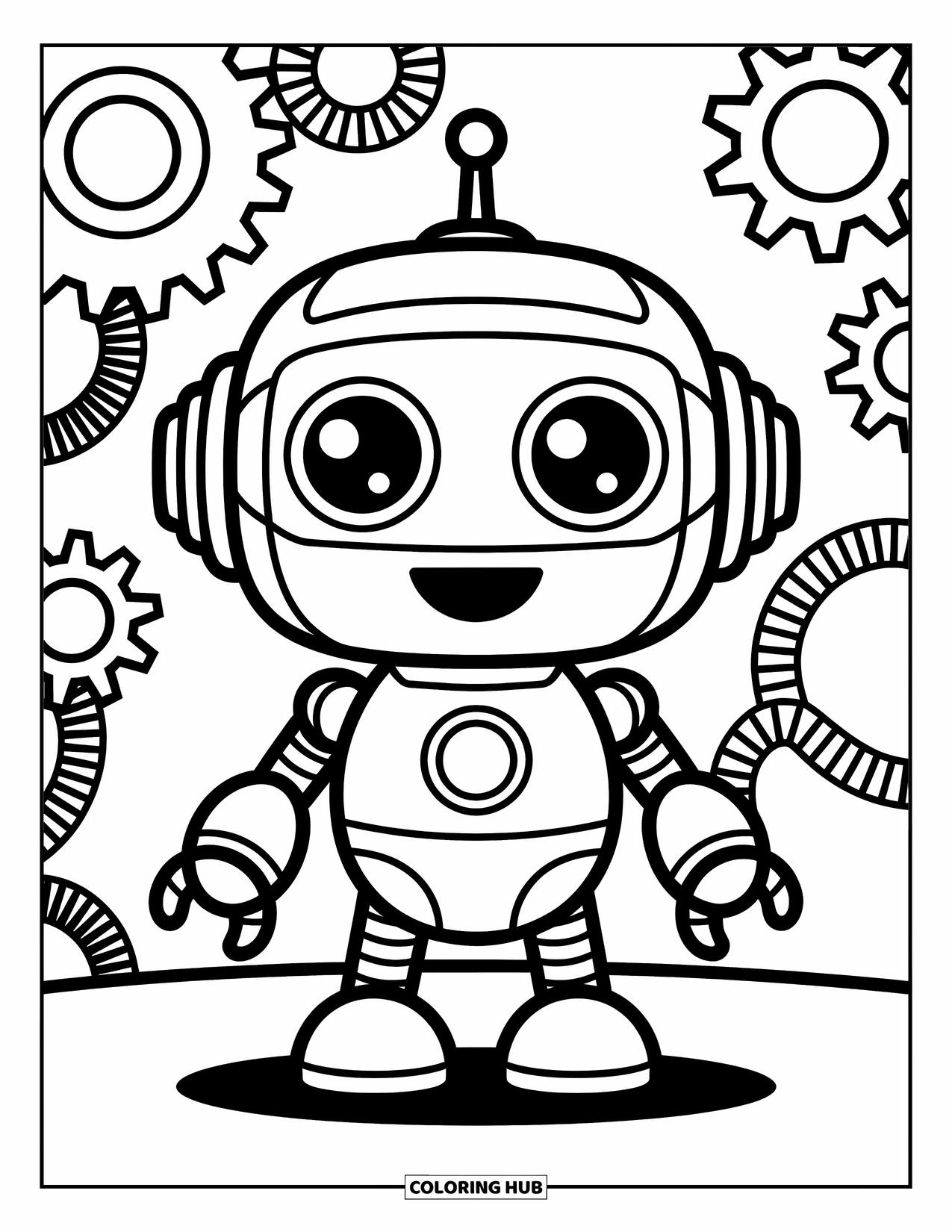 Kolorowanka z robotem dla dzieci: Przyjazny robot z uszami z zębatek uśmiecha się pod wirującymi wzorami