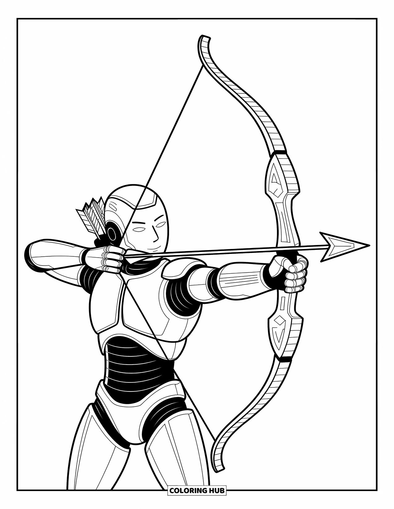 Kolorowanka z robotem dla dzieci: Futurystyczny robot-łucznik celuje strzałą wypełnioną skomplikowanymi detalami obwodów